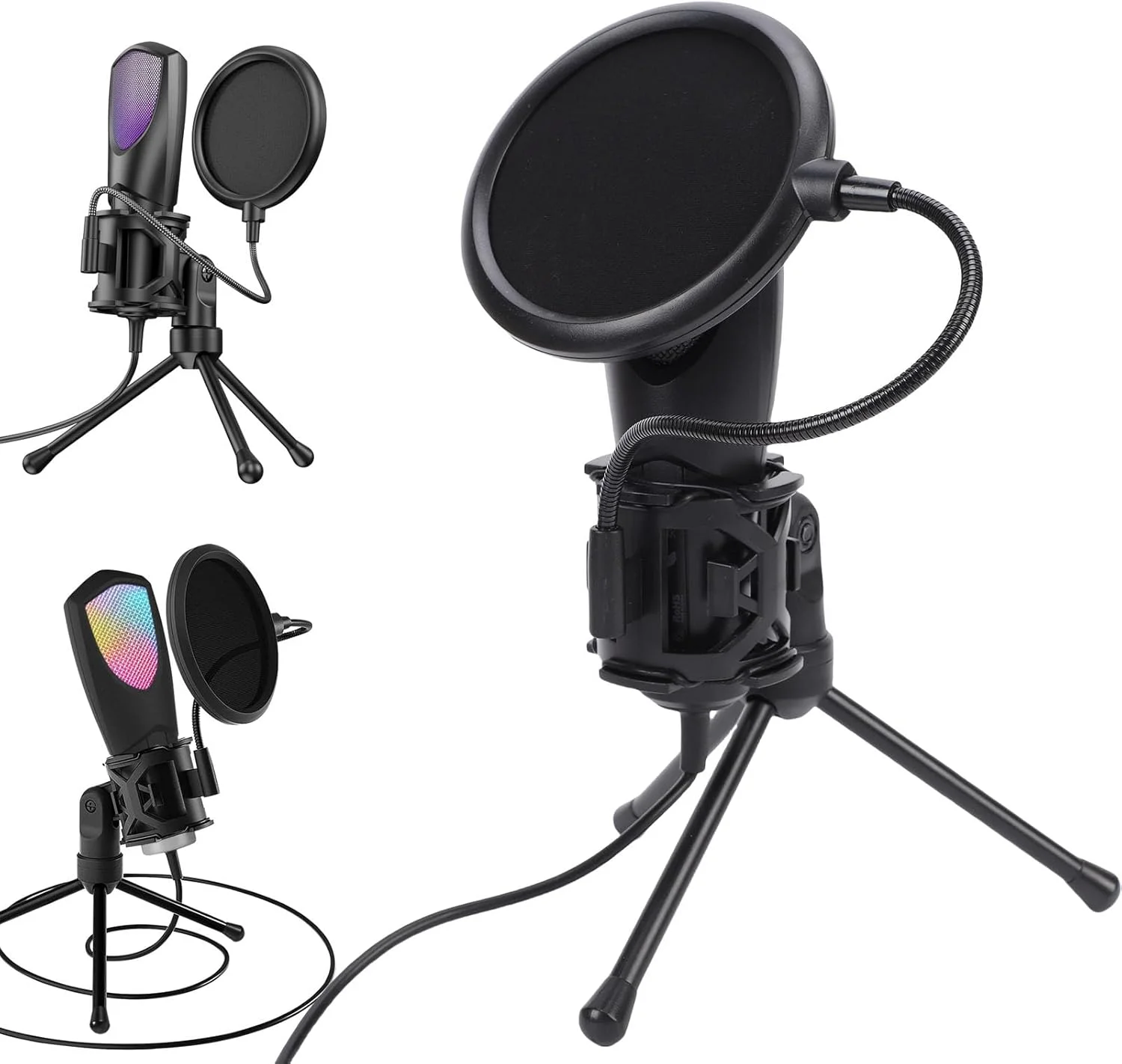 میکروفون گیمینگ USB کاندنسر RGB مدل Jiawu با فیلتر پاپ و پایه سه پایه تقویت شده، میکروفون گیمینگ برای پادکست و استریم، RGB رومیزی