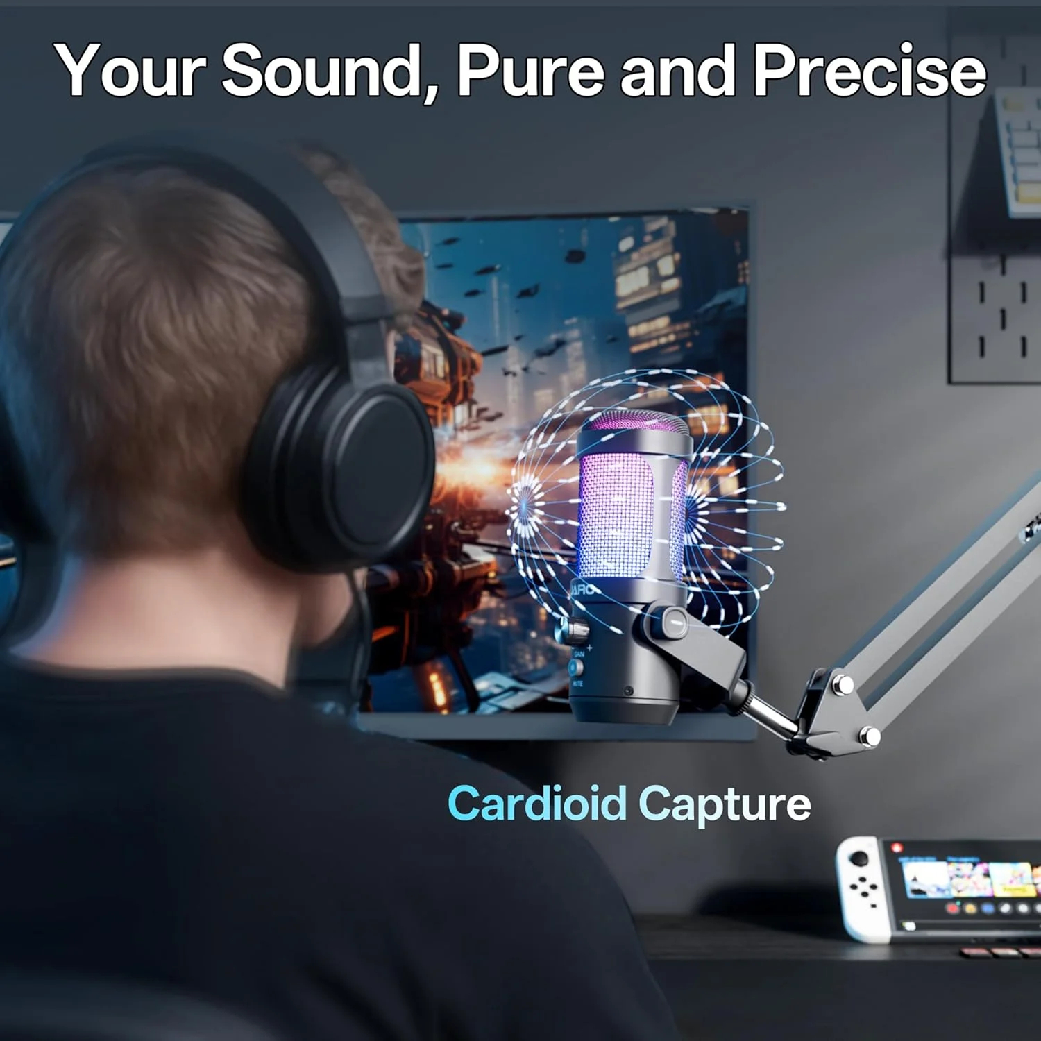 میکروفون پادکست USB جارو با بازوی بوم، میکروفون استودیویی کندانسور با مانیتورینگ بی‌درنگ، بی‌صدا کردن، کنترل صدا ایده‌آل برای صدا و آواز