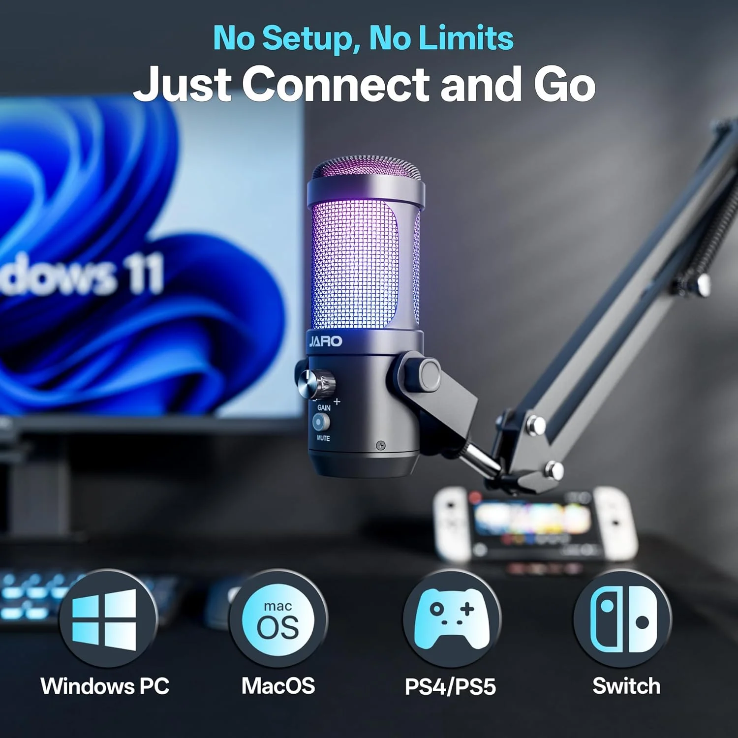 میکروفون پادکست USB جارو با بازوی بوم، میکروفون استودیویی کندانسور با مانیتورینگ بی‌درنگ، بی‌صدا کردن، کنترل صدا ایده‌آل برای صدا و آواز