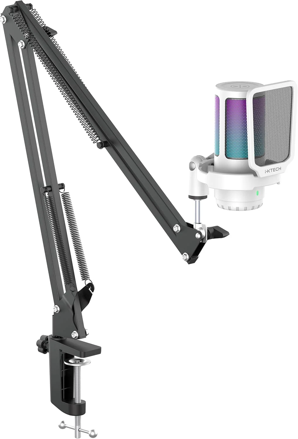 میکروفون گیمینگ IXTECH برای کامپیوتر با بازوی بوم، میکروفون کاندنسر پادکست با پاپ فیلتر، دکمه قطع سریع صدا، دکمه کنترل گین، بازوی میکروفون و میکروفون کامپیوتر با کنترل گین برای استریم، پادکست و ضبط