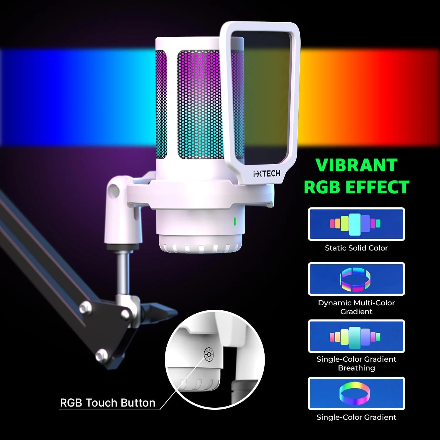 میکروفون گیمینگ IXTECH برای کامپیوتر با بازوی بوم، میکروفون کاندنسر پادکست با پاپ فیلتر، دکمه قطع سریع صدا، دکمه کنترل گین، بازوی میکروفون و میکروفون کامپیوتر با کنترل گین برای استریم، پادکست و ضبط