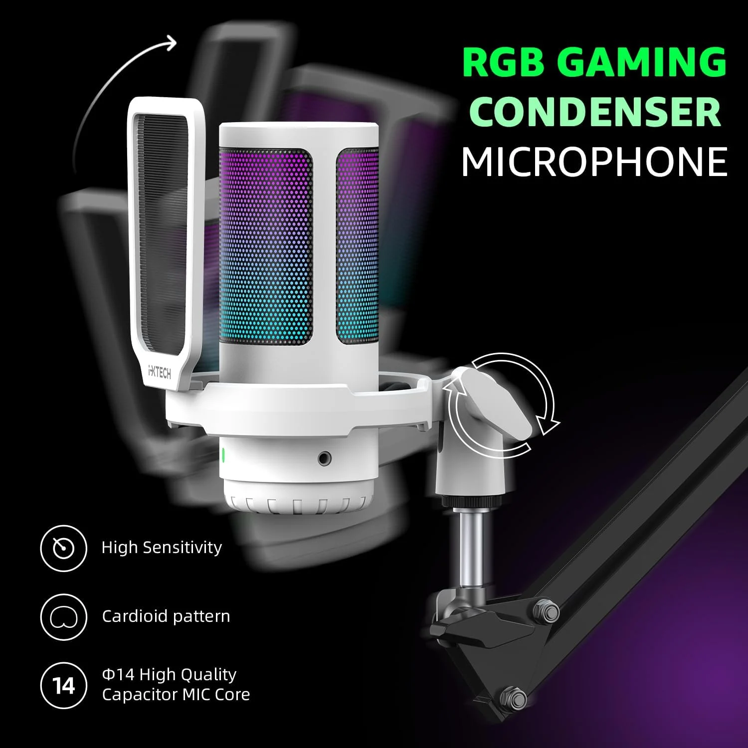 میکروفون گیمینگ IXTECH برای کامپیوتر با بازوی بوم، میکروفون کاندنسر پادکست با پاپ فیلتر، دکمه قطع سریع صدا، دکمه کنترل گین، بازوی میکروفون و میکروفون کامپیوتر با کنترل گین برای استریم، پادکست و ضبط