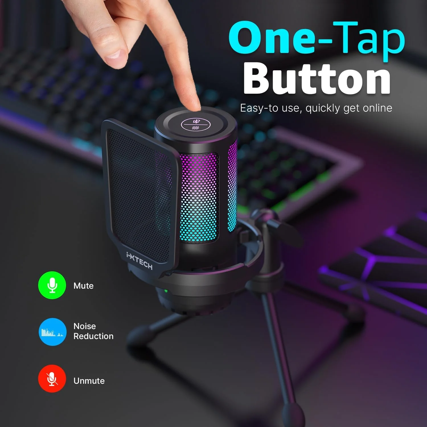 میکروفون گیمینگ USB آی ایکس تک برای کامپیوتر، میکروفون کاندنسر RGB با پایه سه پایه، پاپ فیلتر، دکمه چرخش بهره و بی صدا کردن سریع، میکروفون کامپیوتر حذف نویز برای استریم، بازی، پادکست