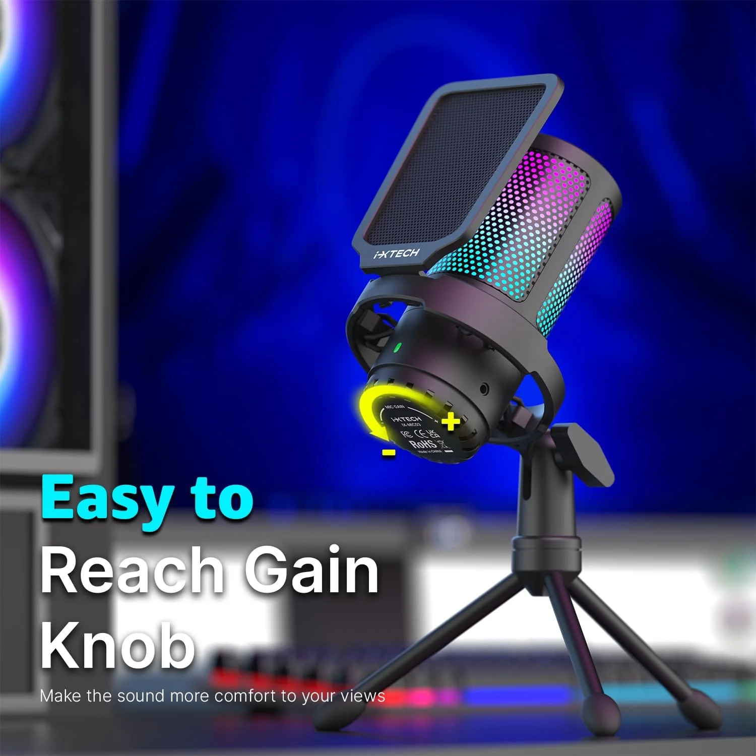 میکروفون گیمینگ USB آی ایکس تک برای کامپیوتر، میکروفون کاندنسر RGB با پایه سه پایه، پاپ فیلتر، دکمه چرخش بهره و بی صدا کردن سریع، میکروفون کامپیوتر حذف نویز برای استریم، بازی، پادکست