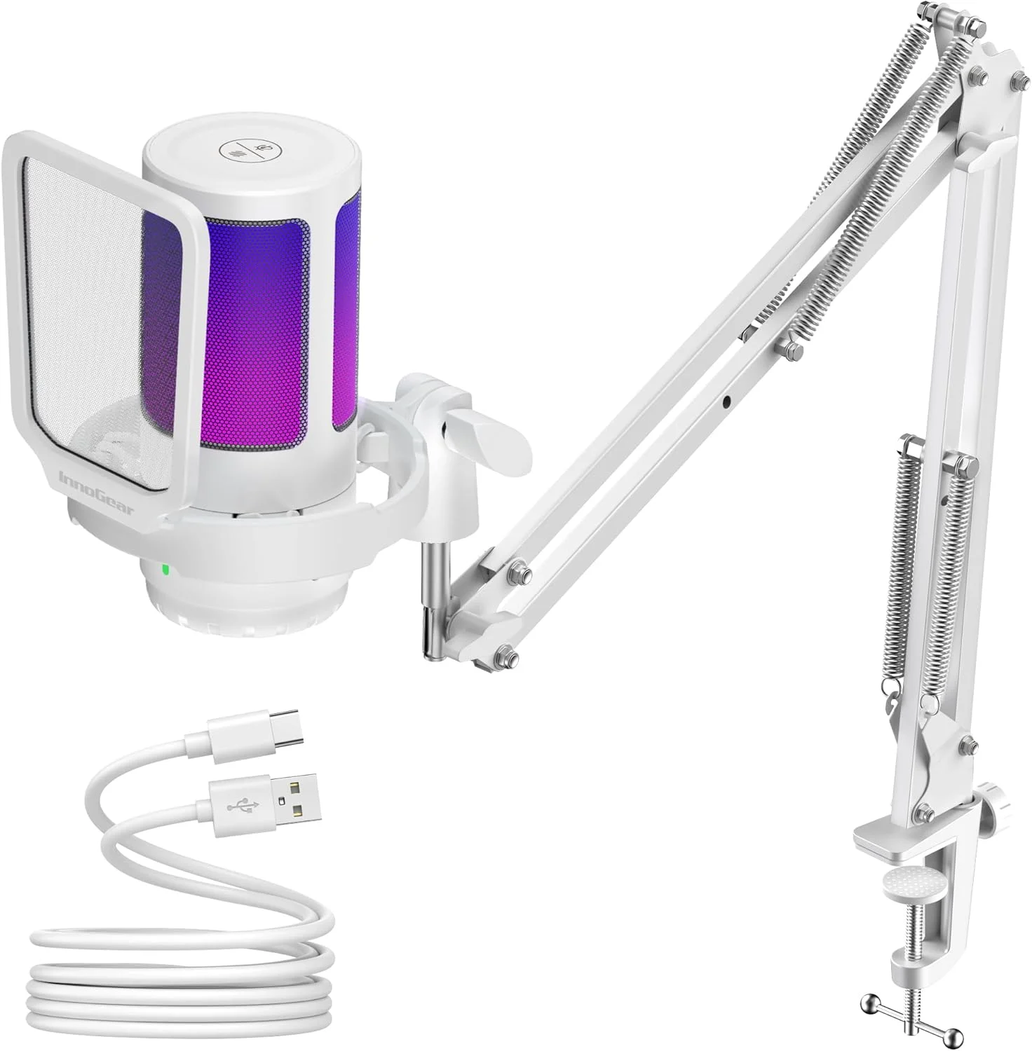 میکروفون USB گیمینگ InnoGear، میکروفون کاندنسر با حذف نویز هوش مصنوعی، با دکمه قطع صدا، کنترل گین، نشانگر RGB، پایه بازویی برای استریم، پادکست، توییچ، یوتیوب، دیسکورد، کامپیوتر، PS4، PS5، مک، سفید