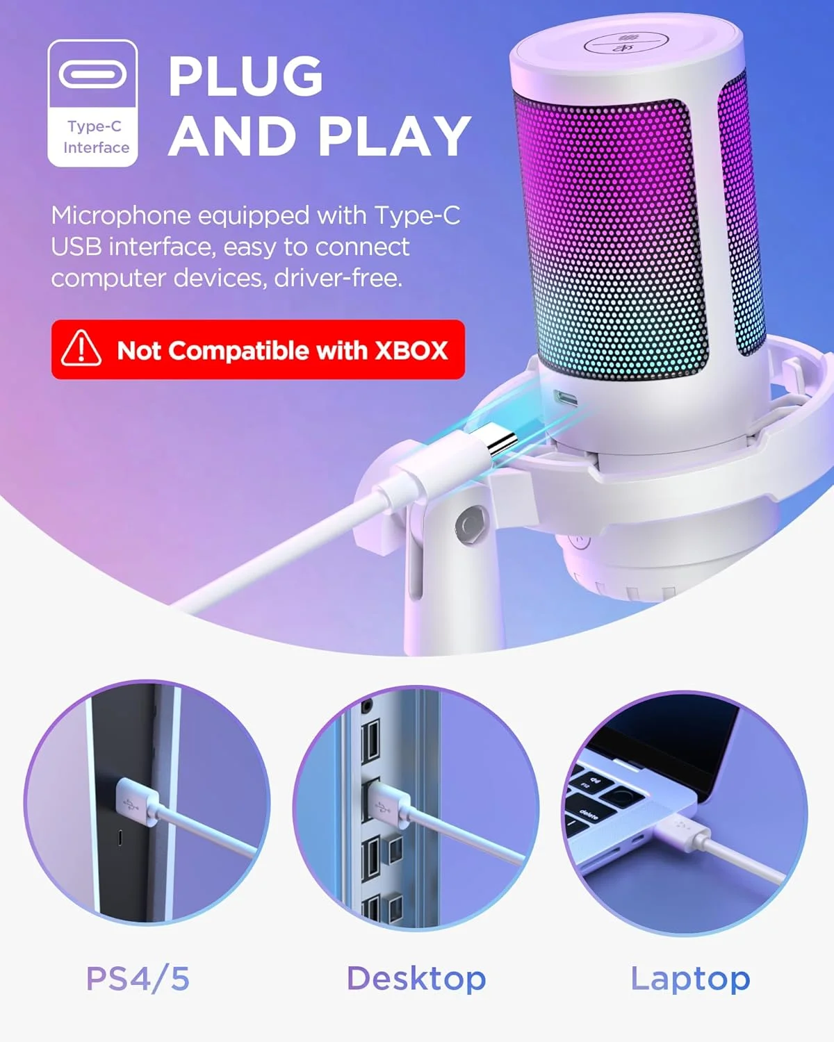 میکروفون USB گیمینگ InnoGear، میکروفون کاندنسر با حذف نویز هوش مصنوعی، با دکمه قطع صدا، کنترل گین، نشانگر RGB، پایه بازویی برای استریم، پادکست، توییچ، یوتیوب، دیسکورد، کامپیوتر، PS4، PS5، مک، سفید