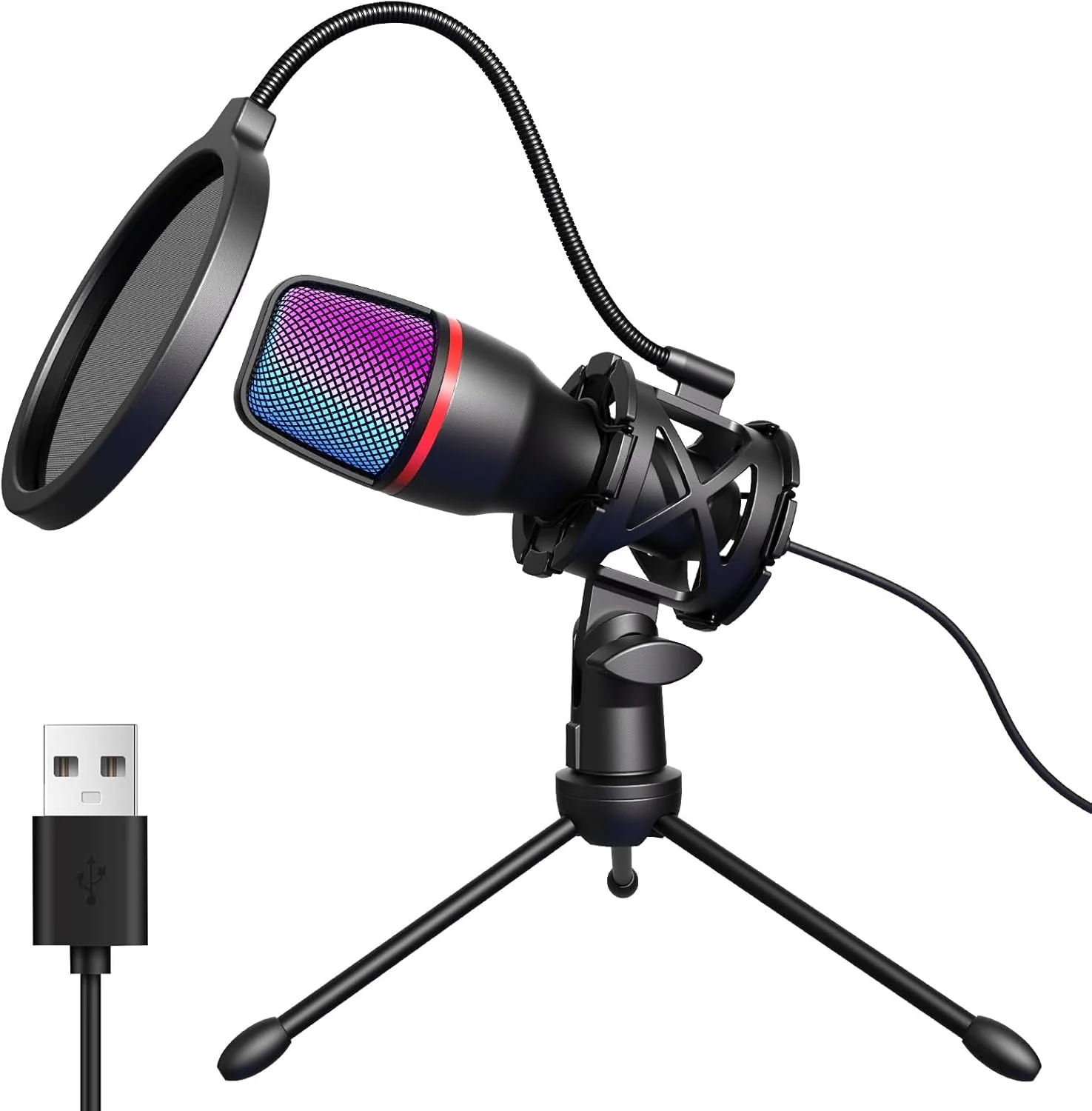 میکروفون USB هوپک مناسب بازی، میکروفون کاندنسر کاردیوئید با پایه و پاپ فیلتر برای کامپیوتر، پلی استیشن 4 و 5، میکروفون رومیزی برای استریم، پادکست و استودیو