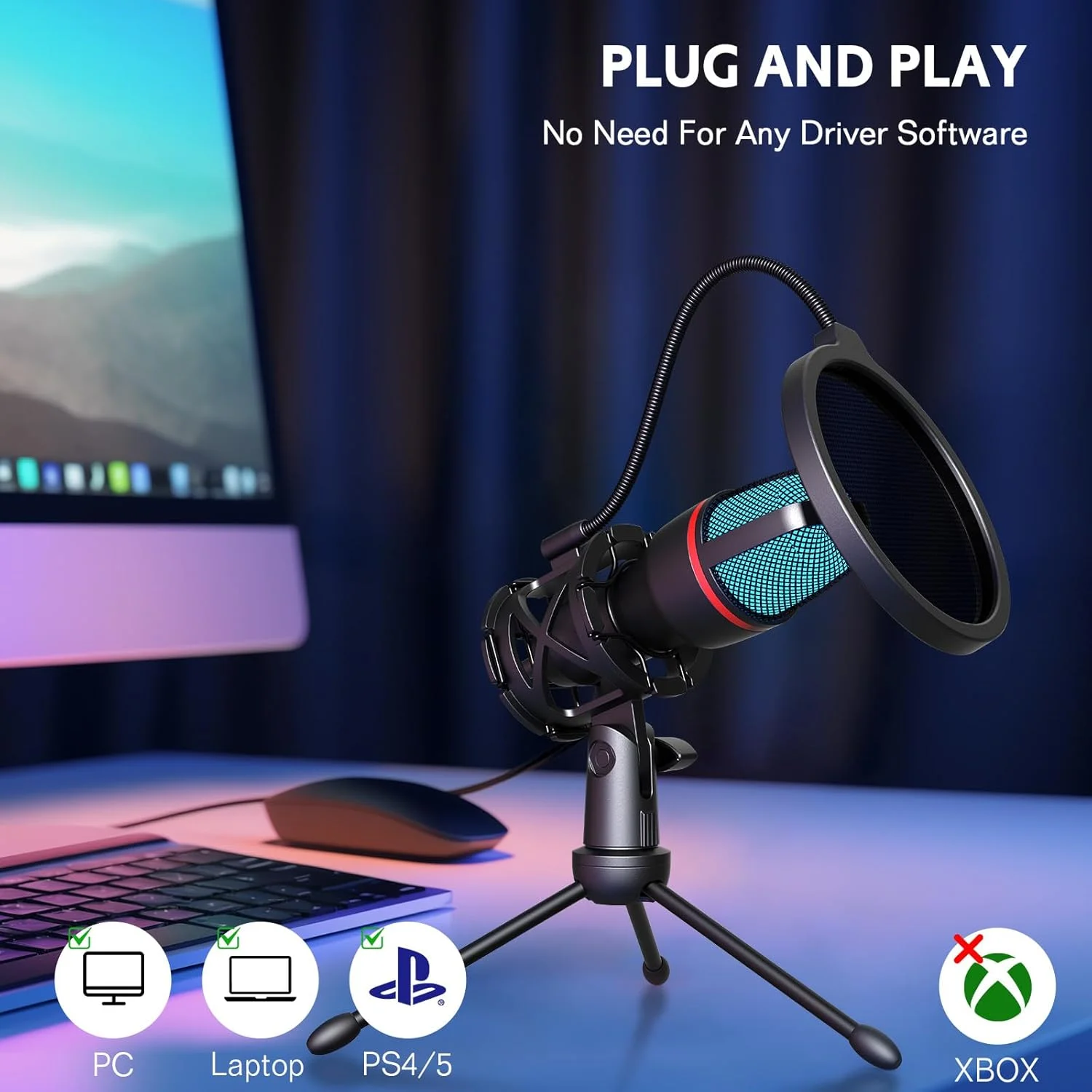 میکروفون USB هوپک مناسب بازی، میکروفون کاندنسر کاردیوئید با پایه و پاپ فیلتر برای کامپیوتر، پلی استیشن 4 و 5، میکروفون رومیزی برای استریم، پادکست و استودیو