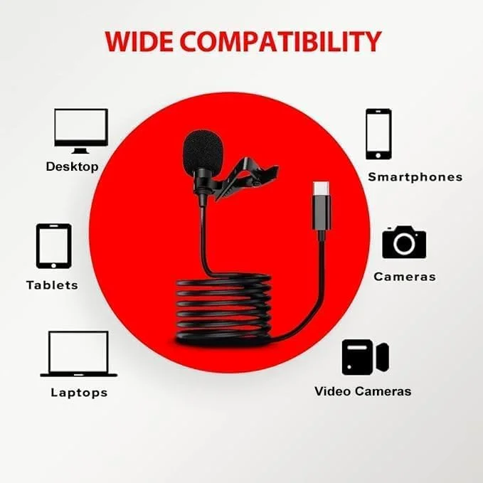 میکروفون یقه‌ای خازنی HUMBLE HB-C01 برای اندروید، میکروفون USB Type C برای ولاگ یوتیوب، مصاحبه فیسبوک، پخش زنده ویدیو و همه (1.5 متر) بسته 2 عددی