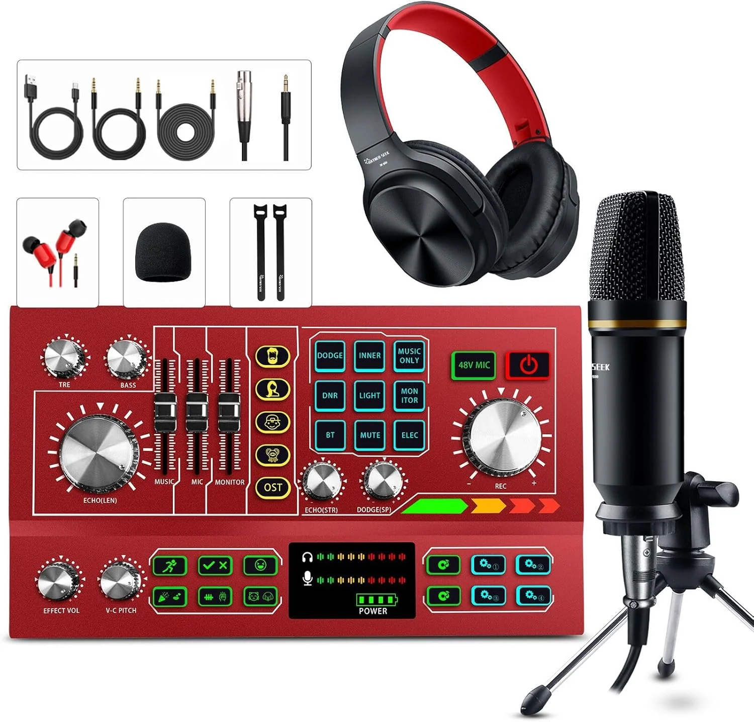 مجموعه تجهیزات پادکست شامل میکروفون استودیویی، میکسر صدا و کارت صدای حرفه ای با منبع تغذیه فانتوم 48 ولت قابل شارژ