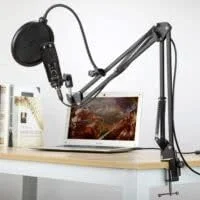 میکروفون USB مشکی Gelid Solutions Voce - میکروفون کاندنسر PC برای پادکست، استریم و وکال، مجموعه کامل شامل پایه رومیزی، میکروفون