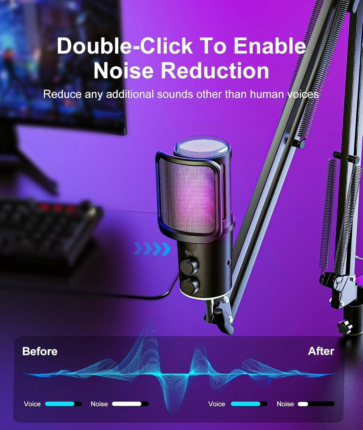 کیت میکروفون USB گیمینگ با بازوی بوم - میکروفون کندانسور RGB با حذف نویز، دکمه بی‌صدا کردن، تنظیم Reverb، مانیتورینگ برای استریمینگ، پادکستینگ، دیسکورد، یوتیوب