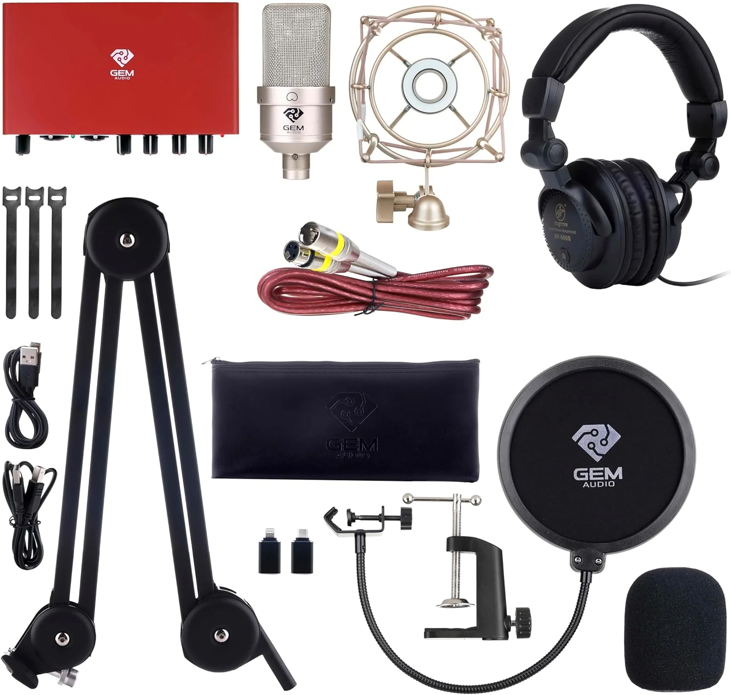 مجموعه استودیویی خانگی GA103/SC23 شامل میکروفون، کارت صدا، هدفون، پایه و پاپ فیلتر مناسب برای پخش زنده، تولید محتوا، پادکست، ساز و آواز