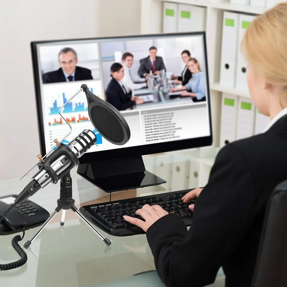 میکروفون کاندنسر چند منظوره Fawoonu با جک 3.5 میلی متری، کاهش نویز، صدای شفاف و بدون تاخیر، زاویه چرخش 270 درجه، مناسب برای موبایل، کامپیوتر، کارائوکه و ضبط صدا به همراه سه پایه آلومینیومی