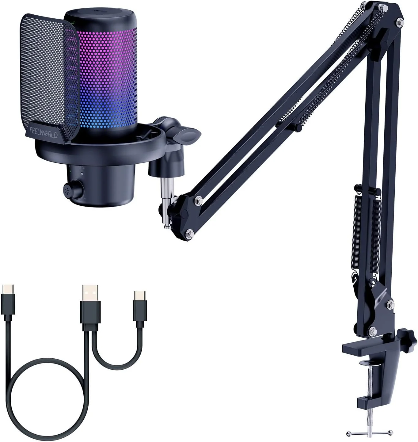 میکروفون USB مخصوص بازی FEELWORLD، میکروفون کاندنسر با قابلیت حذف نویز، دارای دکمه قطع صدا، کنترل گین، مانیتورینگ، بازوی بوم برای استریمینگ، پادکست، توییچ، یوتیوب، دیسکورد، کامپیوتر شخصی، پلی استیشن 4، پلی استیشن 5، مک، GamerWave DGM20S