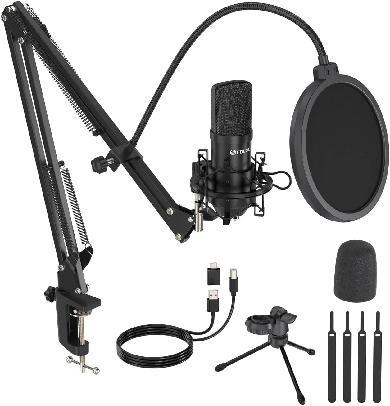 میکروفون USB کاندنسر فلزی FDUCE مدل MC88 به همراه پایه بازویی قابل تنظیم، لرزه گیر و پایه رومیزی برای دوبله، ضبط صدا، پادکست، وکال یوتیوب و استریم بازی