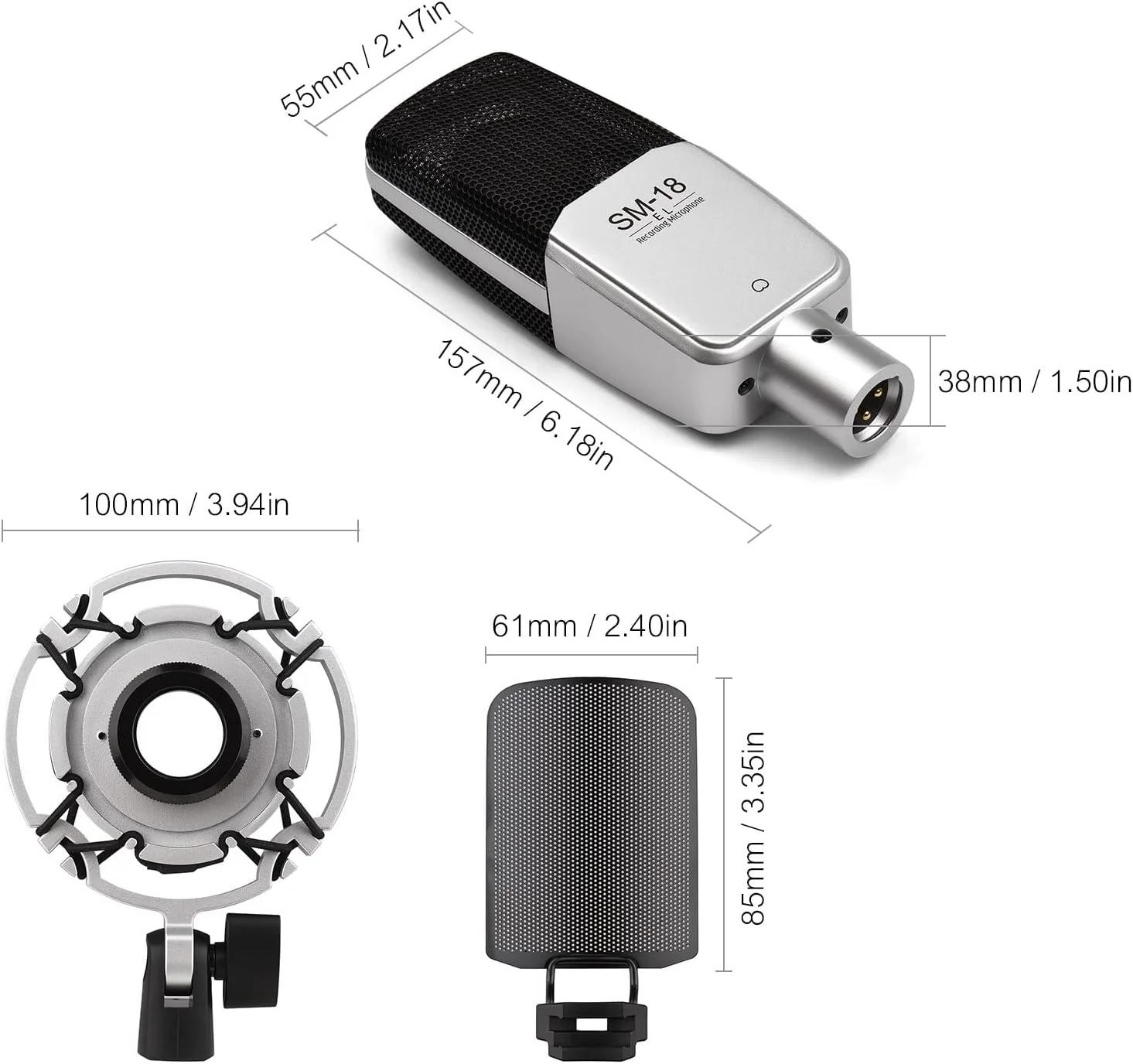میکروفون حرفه ای کاردیوئید کاندنسر XLR مدل Fawoonu SM-18 EL به همراه لرزه گیر قابل تنظیم و پاپ فیلتر فلزی مناسب استودیو، وکال، ساز موسیقی و پخش زنده