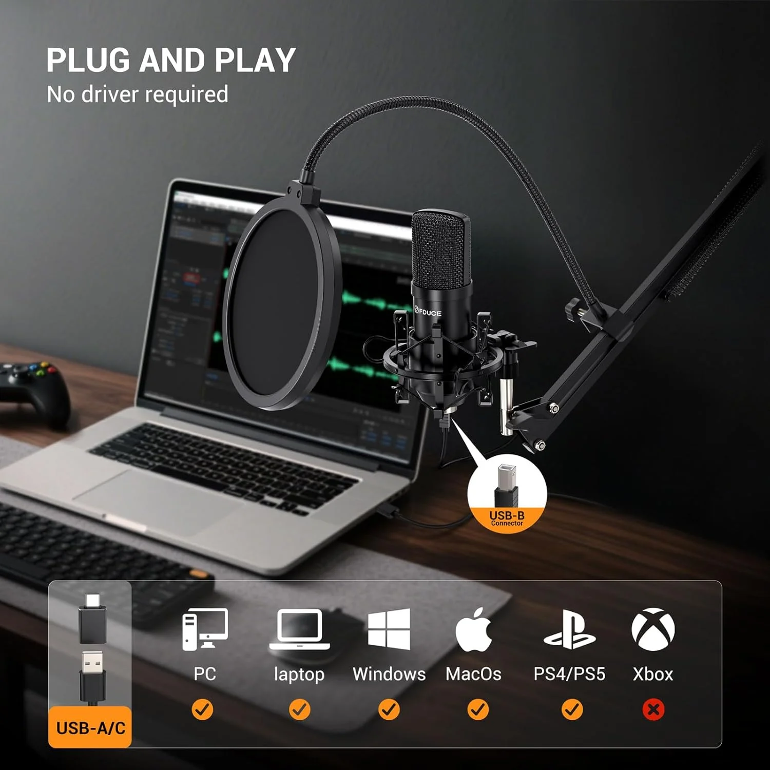 میکروفون USB کاندنسر فلزی FDUCE مدل MC88 به همراه پایه بازویی قابل تنظیم، لرزه گیر و پایه رومیزی برای دوبله، ضبط صدا، پادکست، وکال یوتیوب و استریم بازی