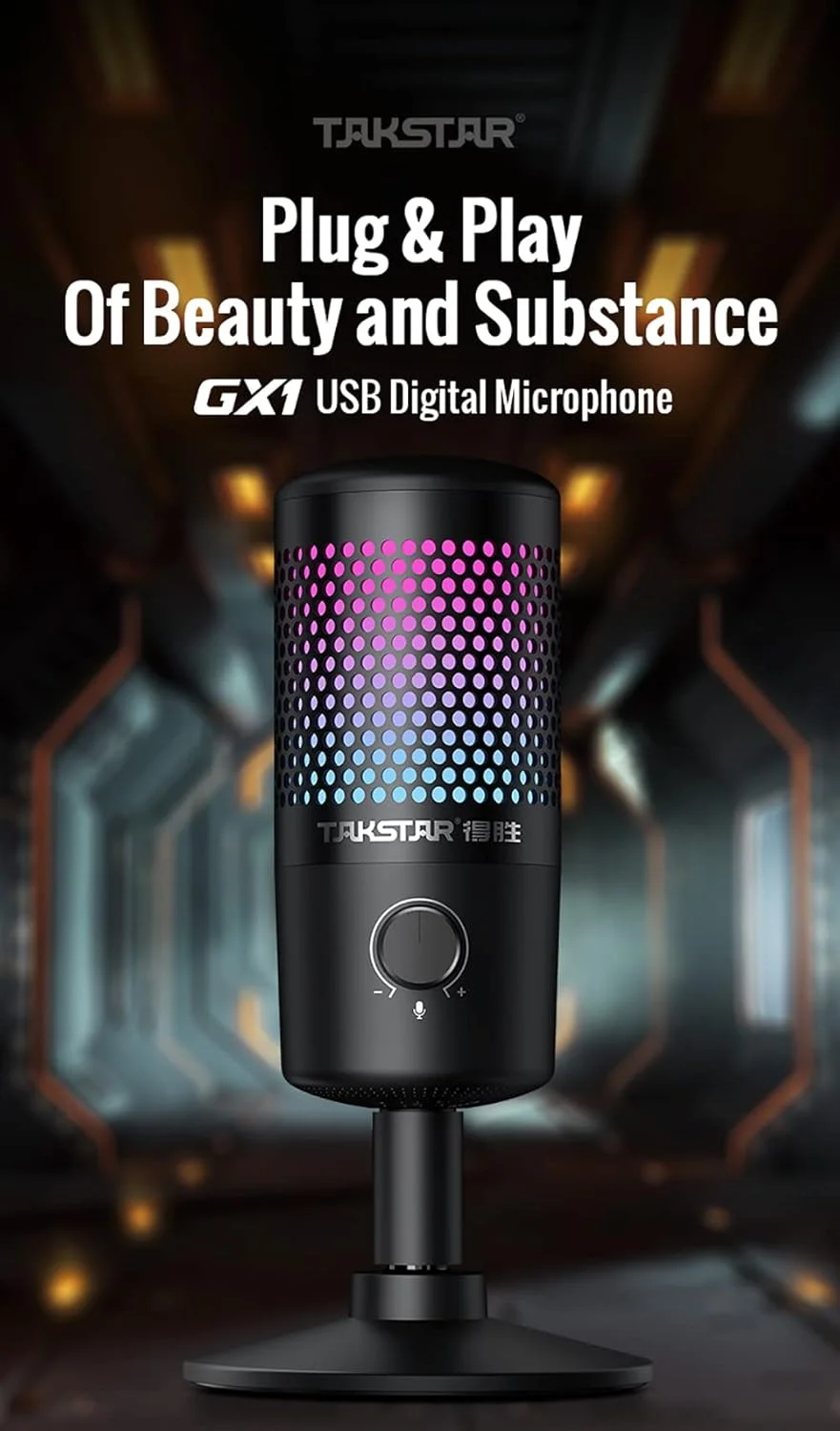 میکروفون دیجیتال USB Fawoonu GX1 با نور RGB، میکروفون کاندنسر کاردیوئید سیم دار رومیزی با قابلیت جذب شوک، اتصال آسان، بی صدا کردن و کاهش نویز برای تدریس آنلاین، چت و بازی آنلاین