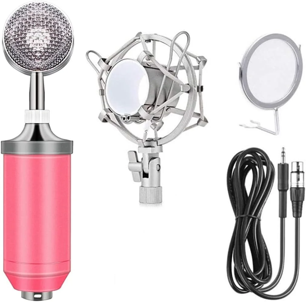 میکروفون کاندنسر صوتی حرفه ای eWINNER BM8000 به همراه پایه نگهدارنده و فیلتر پاپ برای استودیو و کارائوکه (صورتی)