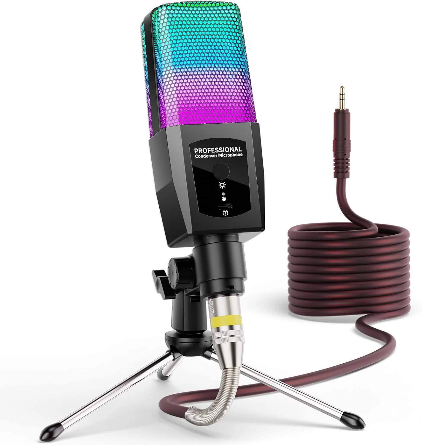 میکروفون کاندنسر XLR فاکموگو با پایه سه پایه، میکروفون گیمینگ نور RGB برای کامپیوتر، لپ تاپ، مک، میکروفون استودیویی کاردیود حرفه ای با پلاگ USB-C، میکروفون پادکست برای ویدیوها، استریمینگ، آواز