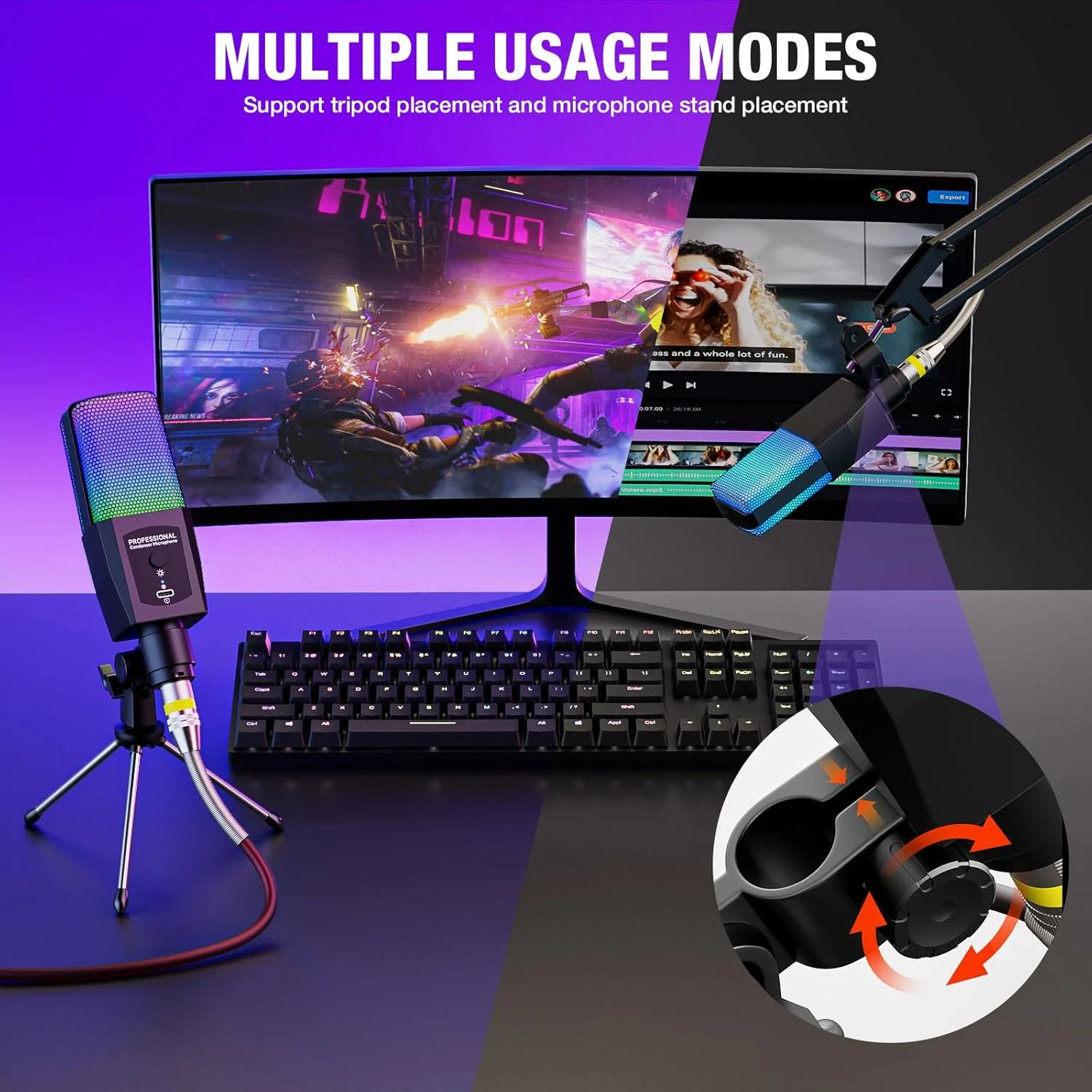 میکروفون کاندنسر XLR فاکموگو با پایه سه پایه، میکروفون گیمینگ نور RGB برای کامپیوتر، لپ تاپ، مک، میکروفون استودیویی کاردیود حرفه ای با پلاگ USB-C، میکروفون پادکست برای ویدیوها، استریمینگ، آواز