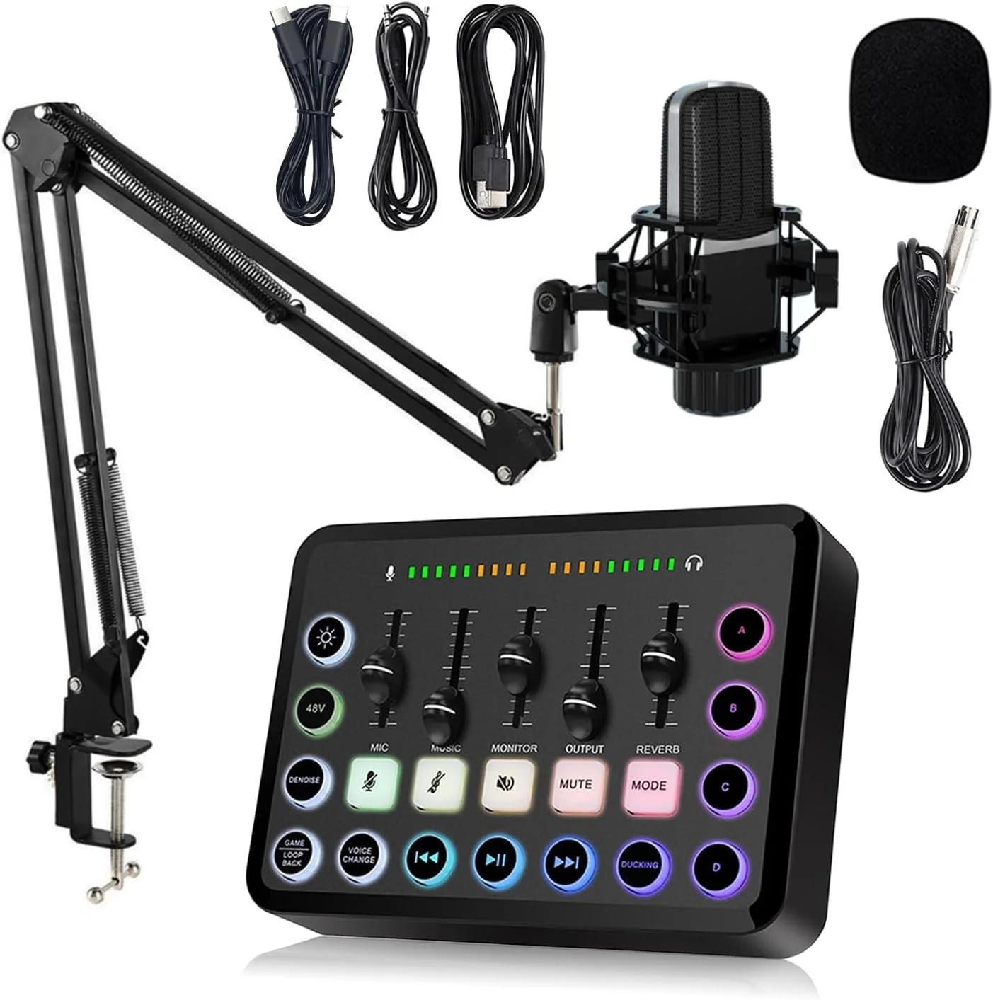 مجموعه تجهیزات پادکست برای یک نفر، کارت صدا با میکروفون کاندنسر XLR و کابل صوتی 3.5 میلی‌متری، نور RGB، قطع صدا، فانتوم پاور 48 ولت برای استریم، بازی، ضبط