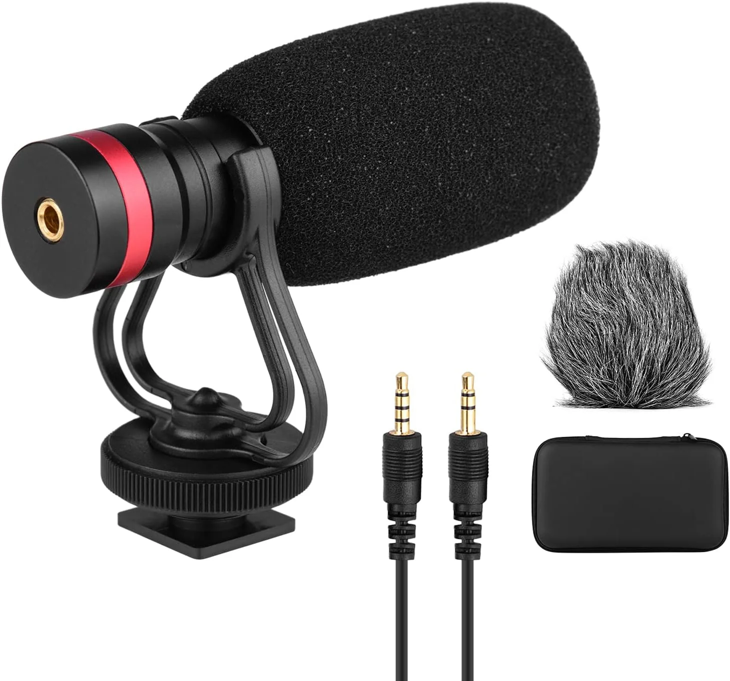 میکروفون کاندنسر کاردیوئید جهت دار ertg با پایه ضد شوک، کابل های خروجی صدا 3.5 میلی متری TRS و TRRS، فوم بادگیر و بادگیر خزدار برای تلفن های هوشمند، دوربین ها، دوربین های فیلمبرداری، ضبط کننده های صدا و رایانه های شخصی