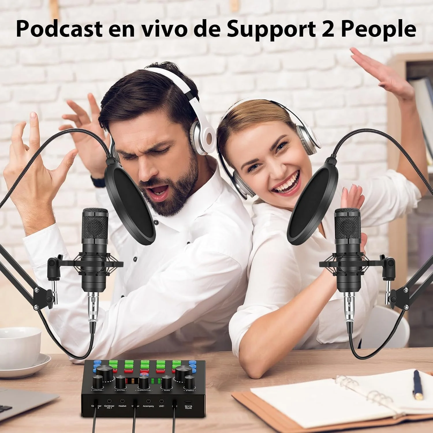 پکیج تجهیزات پادکست برای 2 نفر، کارت صدای با میکروفون های کاندنسر سوئیچ صدا برای گیمر، میکسر صوتی همه کاره ایده آل برای پخش زنده، یوتیوب، بازی ها