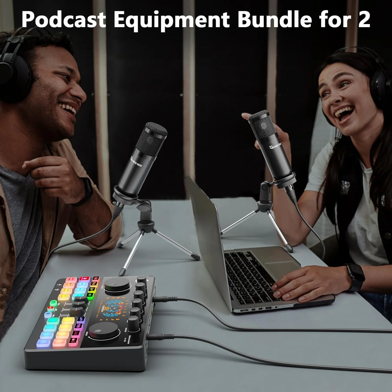بسته تجهیزات پادکست برای 2 نفر، میکسر DJ با کارت صدای رابط صوتی و میکروفون کندانسور 3.5 میلی متری برای کامپیوتر، تلفن هوشمند، تغییر صدا، RGB برای ضبط، استریم، پادکست، بازی، COMMANDER M100 نسل سوم