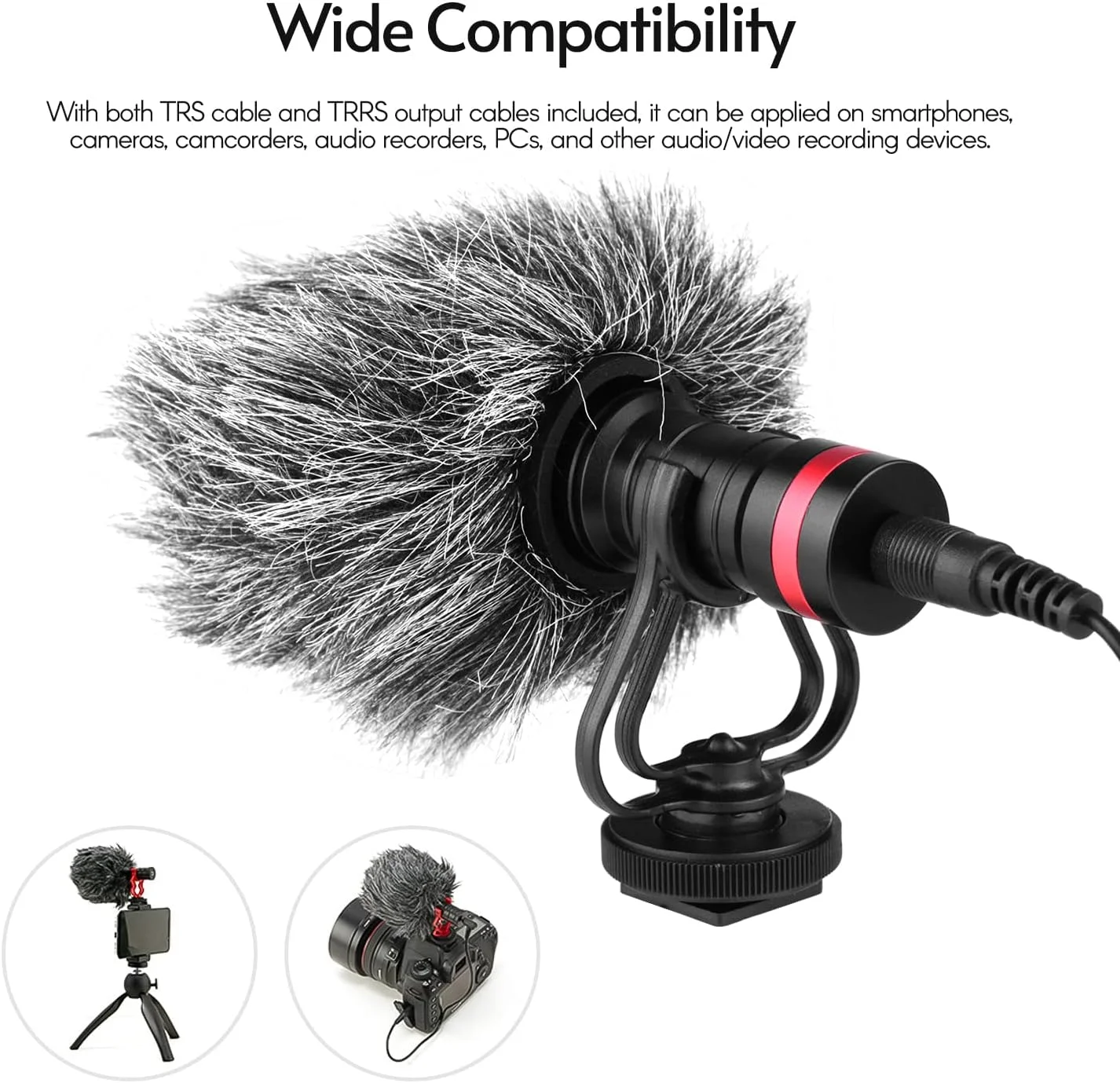 میکروفون کاندنسر کاردیوئید جهت دار ertg با پایه ضد شوک، کابل های خروجی صدا 3.5 میلی متری TRS و TRRS، فوم بادگیر و بادگیر خزدار برای تلفن های هوشمند، دوربین ها، دوربین های فیلمبرداری، ضبط کننده های صدا و رایانه های شخصی