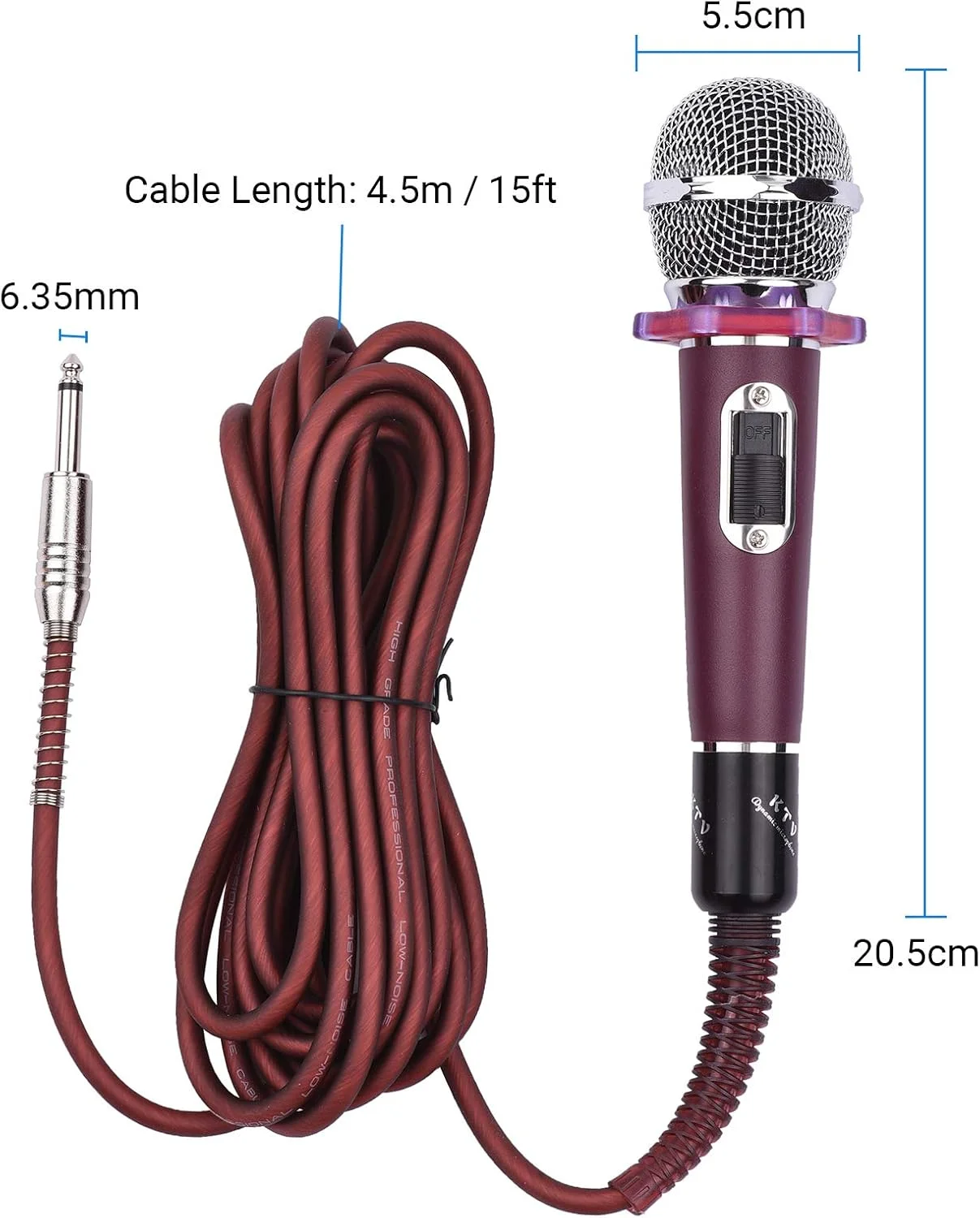 میکروفون دینامیک کاردیوئید دستی سیم دار با کابل 4.5 متری و فیش 6.35 میلی متری مناسب موسیقی، خوانندگی، کارائوکه، استیج و اجرای زنده