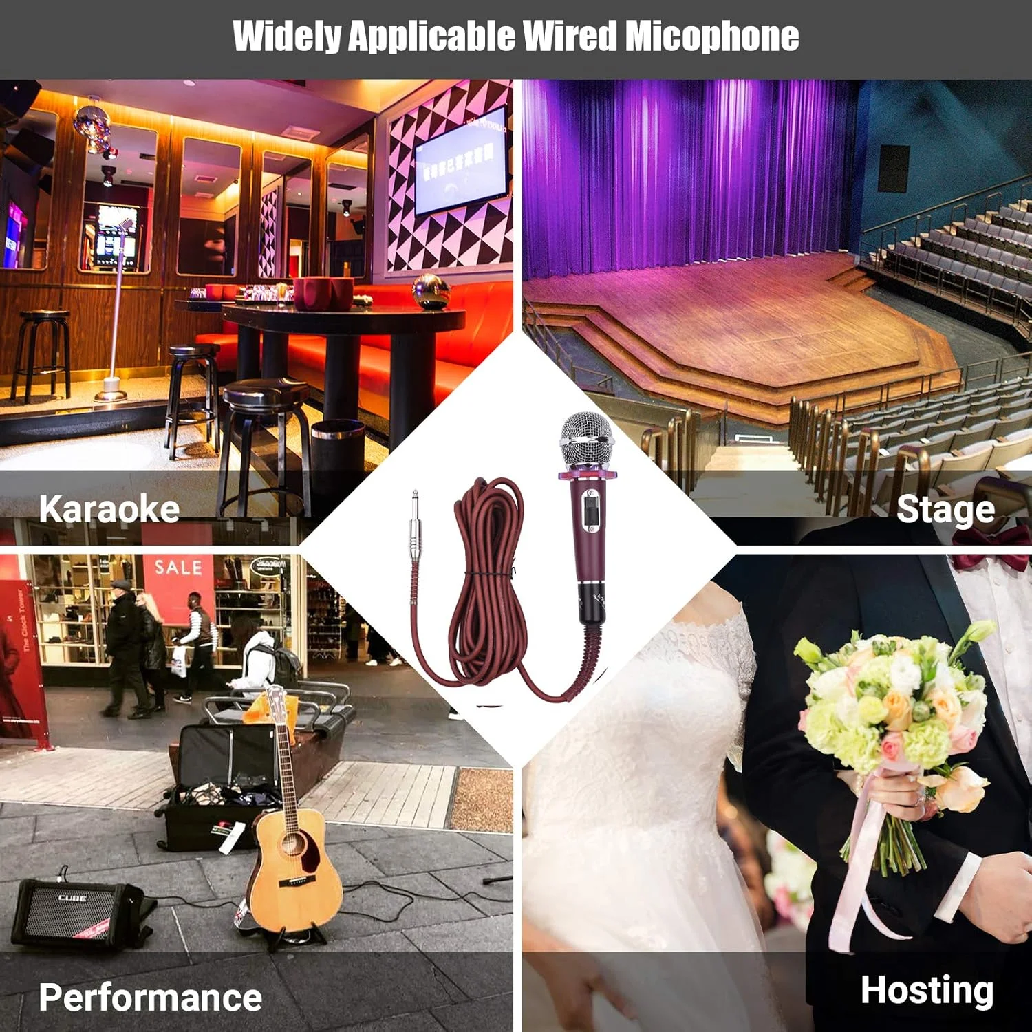 میکروفون دینامیک کاردیوئید دستی سیم دار با کابل 4.5 متری و فیش 6.35 میلی متری مناسب موسیقی، خوانندگی، کارائوکه، استیج و اجرای زنده