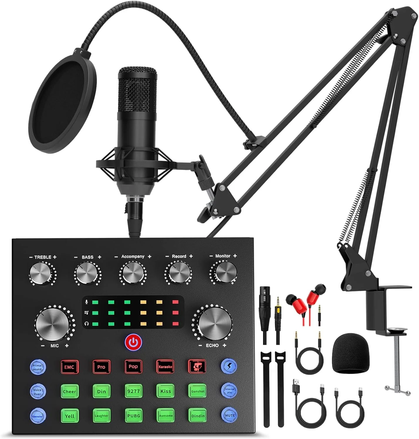 مجموعه تجهیزات پادکست، میکسر صدا با تغییر صدا و میکروفون استودیویی کندانسور برای پخش زنده، ضبط پادکست، کامپیوتر، لپ تاپ، تلفن TikTok