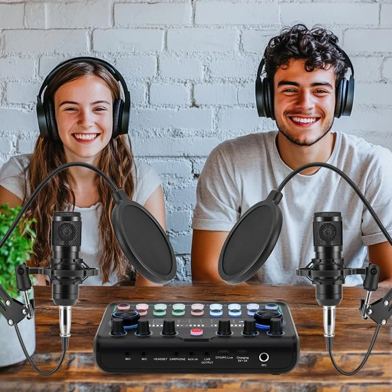 مجموعه تجهیزات پادکست، 2 میکروفون کاندنسر، میکسر کارت صدا، 2 بازوی بوم، XLR/USB/Bluetooth