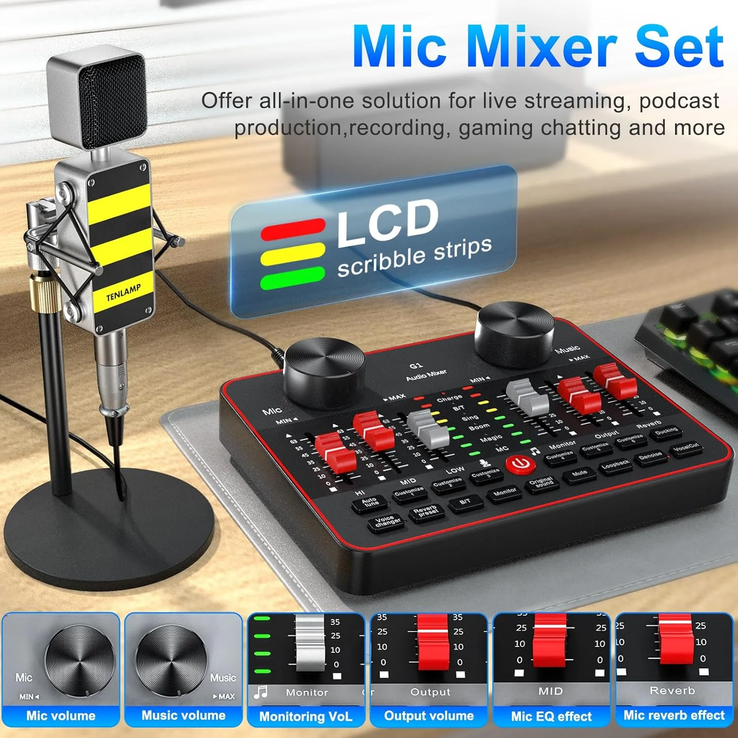 بسته تجهیزات پادکست، کارت صدای با میکروفون کاردیوئید BM800، مناسب برای گیمرها و میکسر DJ همه کاره، ایده آل برای پخش زنده، خوانندگی، یوتیوب و بازی