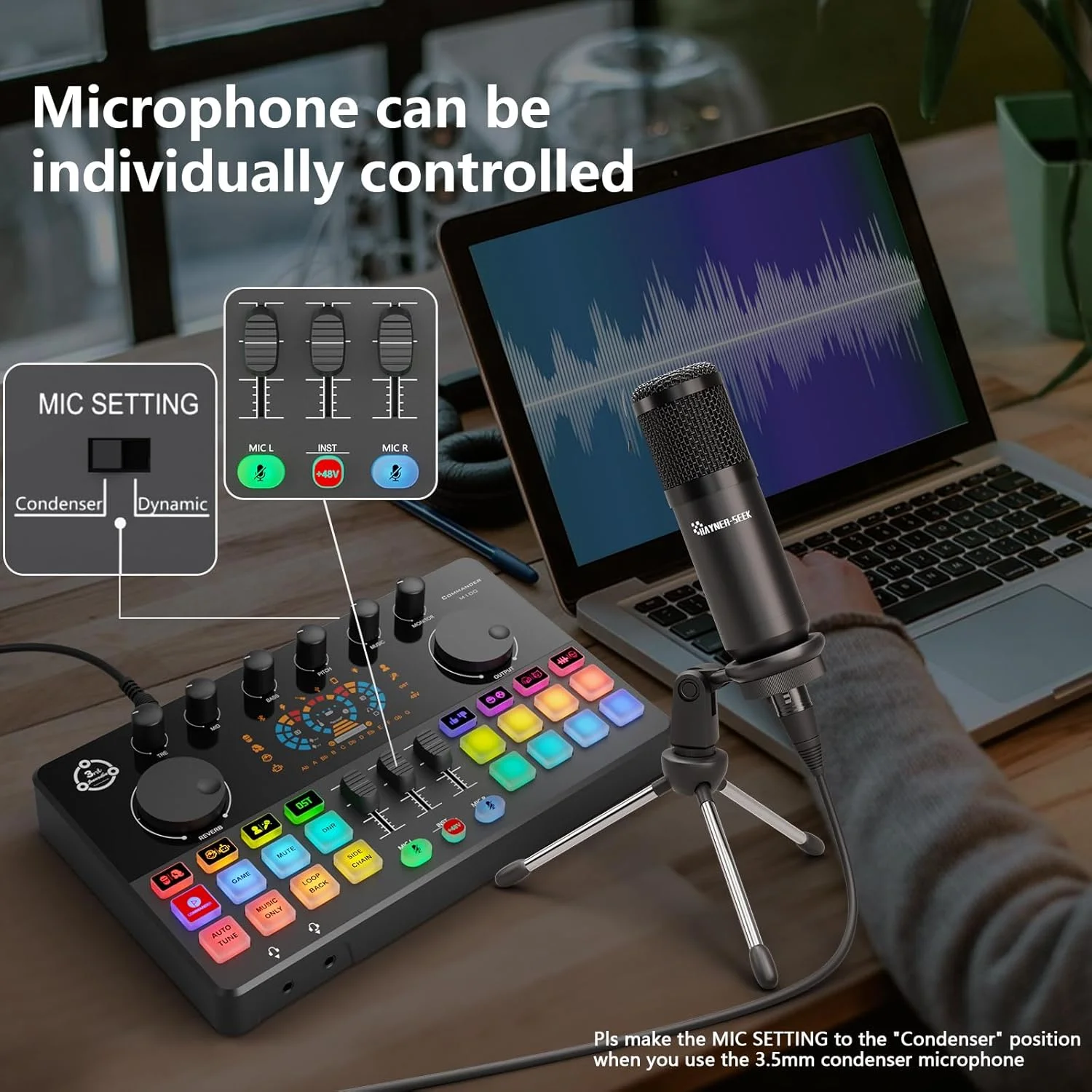 بسته تجهیزات پادکست، کارت صدا و میکروفون استودیویی کندانسور 3.5 میلی‌متری به همراه پایه سه‌پایه برای کامپیوتر، تلفن، ضبط استریم، دی‌جی، تیک‌تاک، RGB، تغییر صدا، حذف نویز، COMMANDER M100 نسل سوم