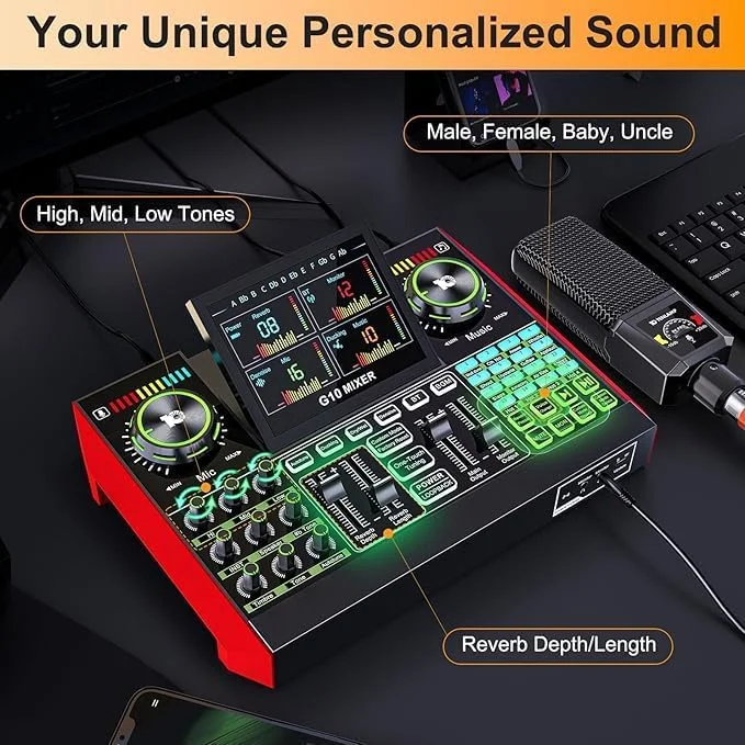 مجموعه تجهیزات پادکست میکسر صوتی با میکروفون کاندنسر استودیویی، کارت صدای زنده رابط میکسر صوتی، کارت صدا با تغییر صدا و حذف نویز برای ضبط کامپیوتر، بازی و پادکست