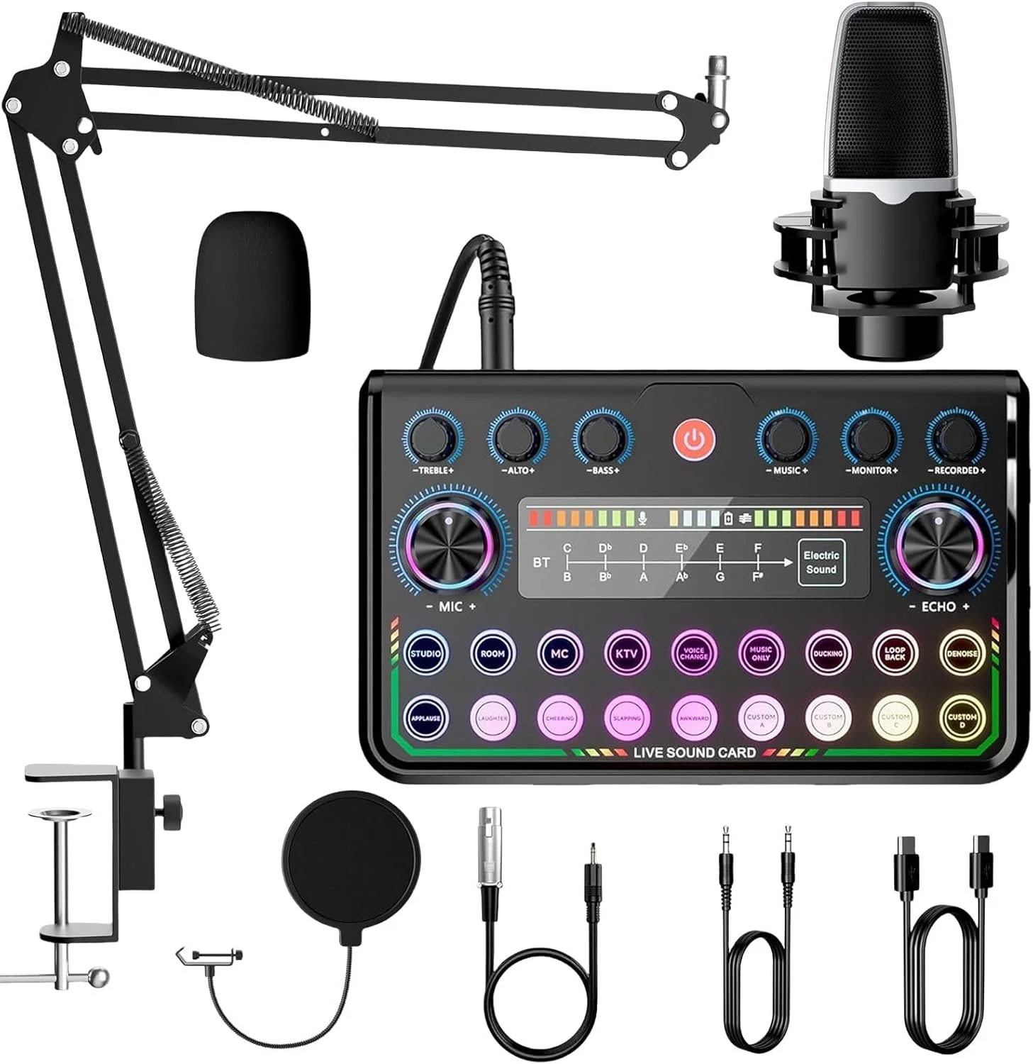 مجموعه تجهیزات پادکست، کارت صدای کامل با میکروفون کاندنسر برای تلفن هوشمند و کامپیوتر، کارت صدای زنده Plug-and-Play، ایده آل برای استریم، آواز، یوتیوب و بازی