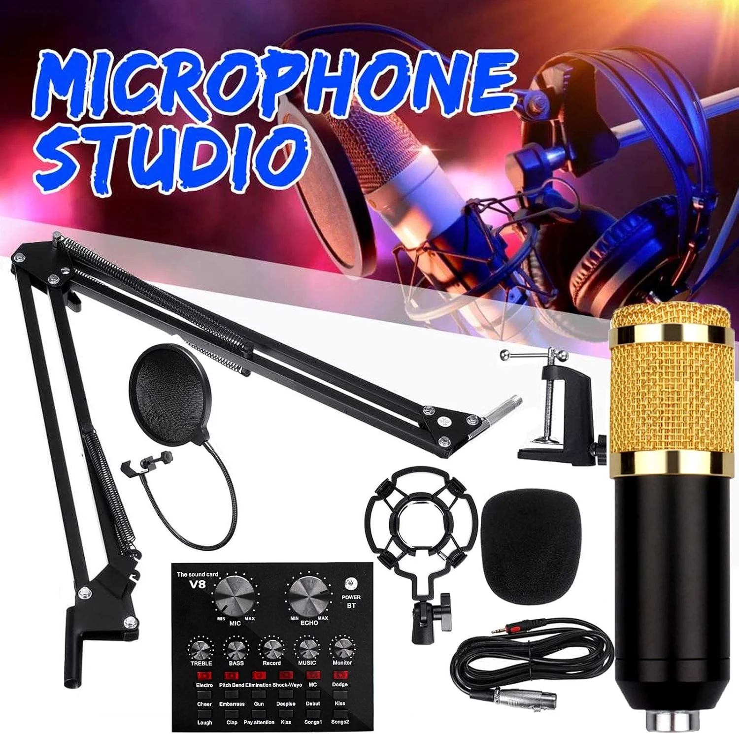 پایه نگهدارنده فلزی ضد لرزش و دوبل، بسته تجهیزات پادکست، بازوی قیچی تعلیق میکروفون قابل تنظیم، بسته میکروفون کندانسور با کارت صدای زنده، فیلتر پاپ دولایه برای ضبط استودیویی و پخش