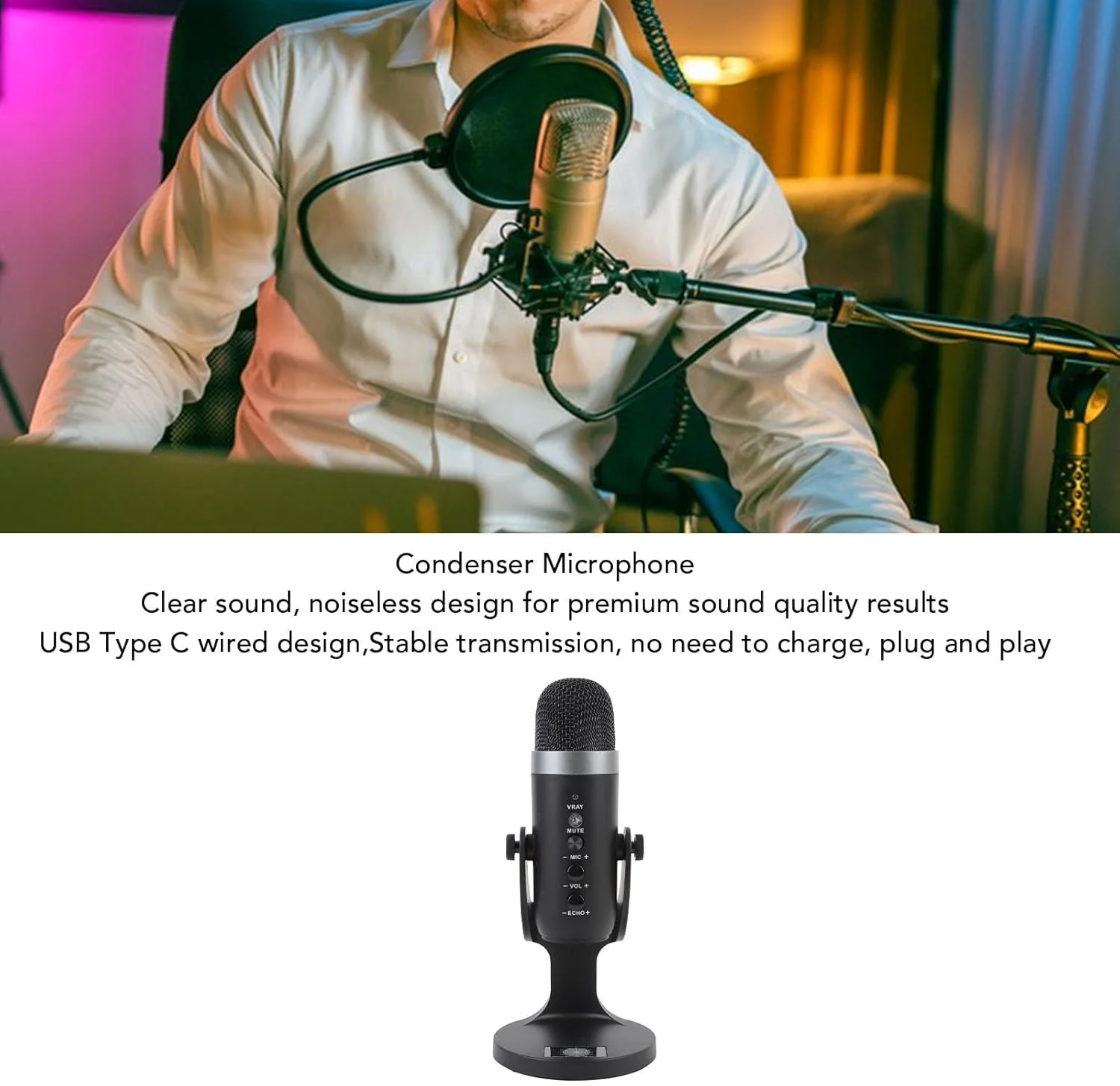 میکروفون کاندنسر USB الپریکو برای کامپیوتر، میکروفون گیمینگ، میکروفون USB PC برای پادکست، ویدیو، استریمینگ، میکروفون کاندنسر، گیمینگ سیمی با پایه رومیزی برای استریمینگ پادکست