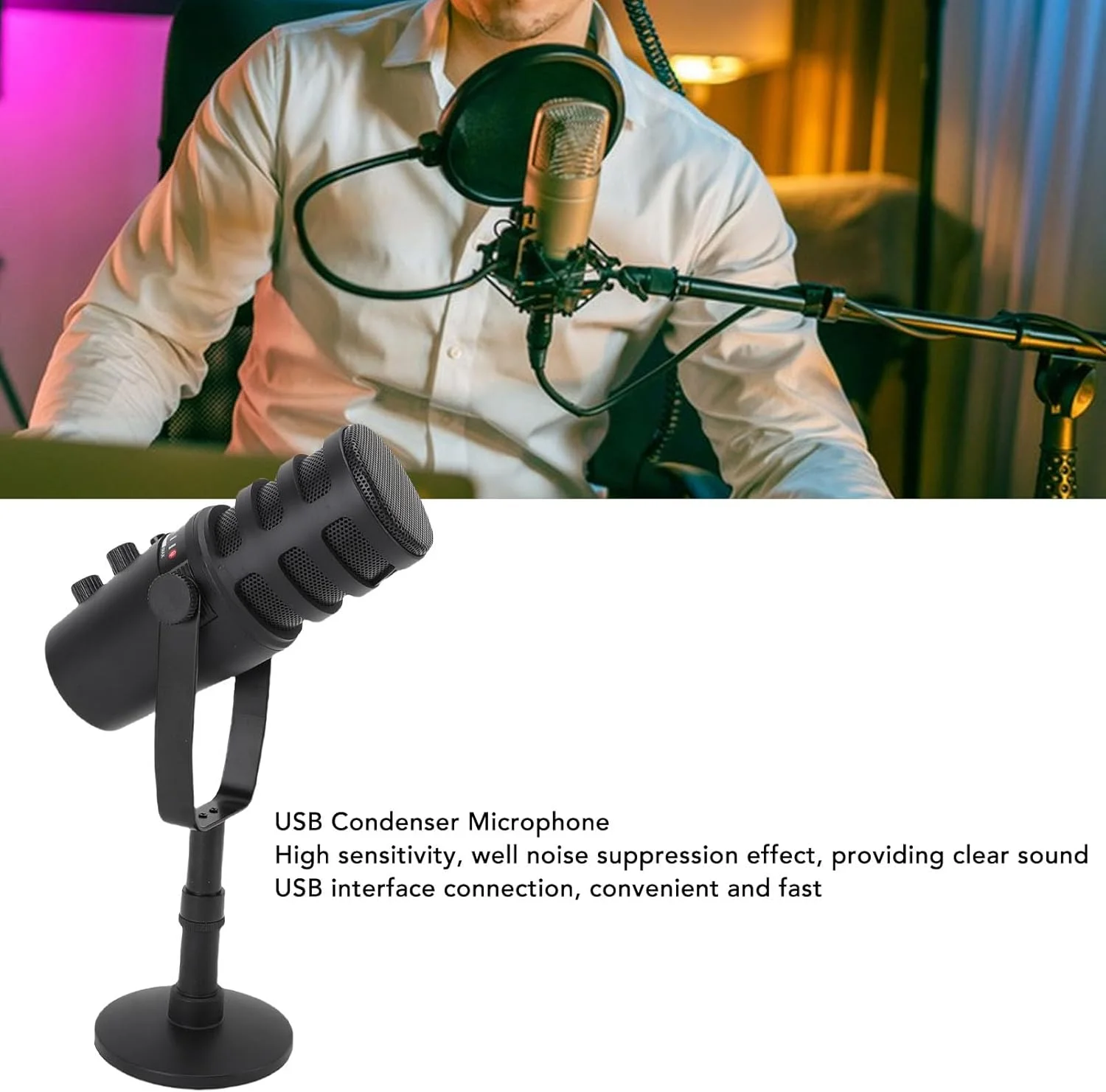 میکروفون USB الپریکو، میکروفون کاندنسر کامپیوتر، اتصال آسان برای لپ تاپ، کابل با حساسیت بالا برای کامپیوتر، تلفن همراه، پخش زنده