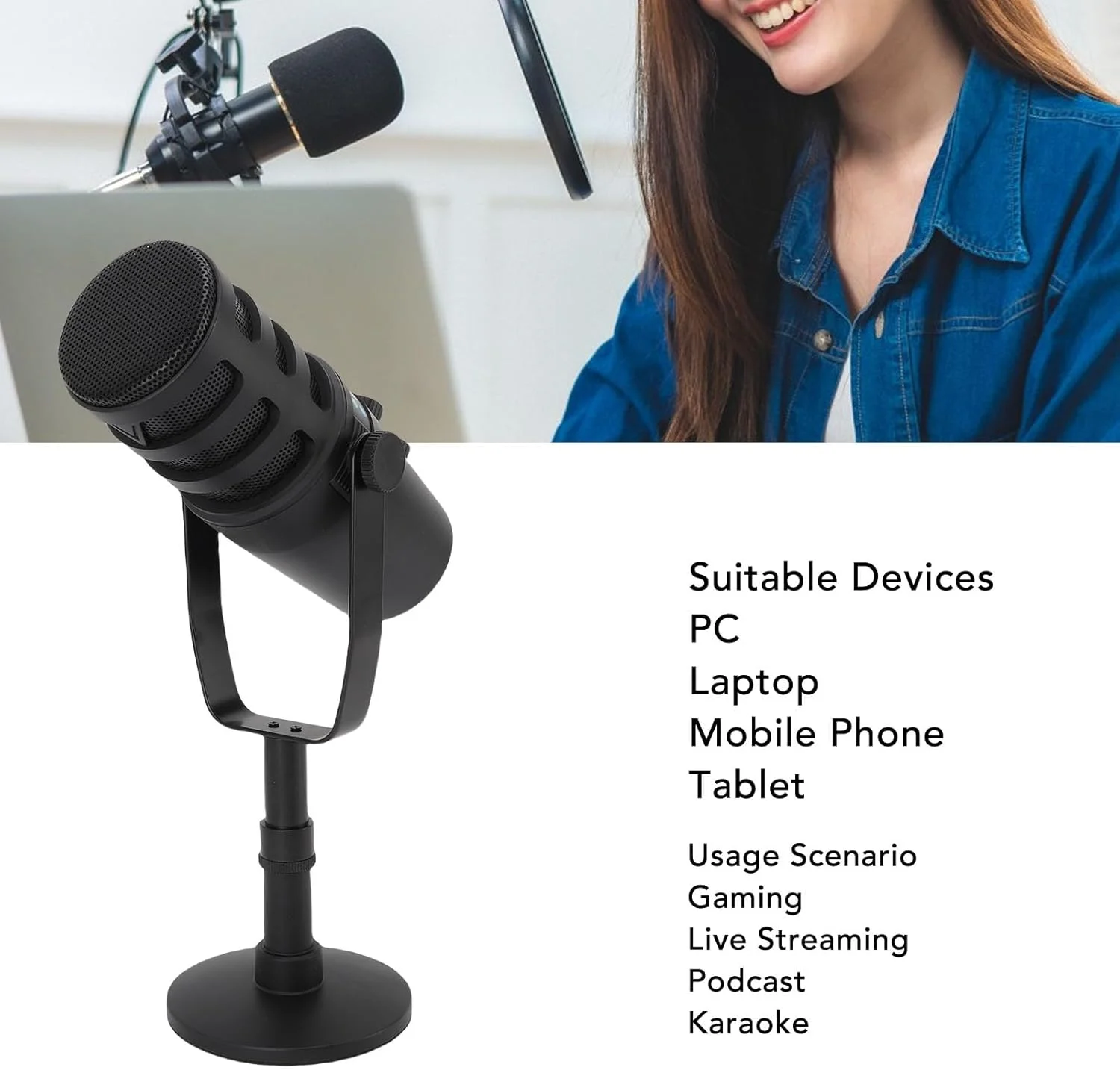 میکروفون USB الپریکو، میکروفون کاندنسر کامپیوتر، اتصال آسان برای لپ تاپ، کابل با حساسیت بالا برای کامپیوتر، تلفن همراه، پخش زنده