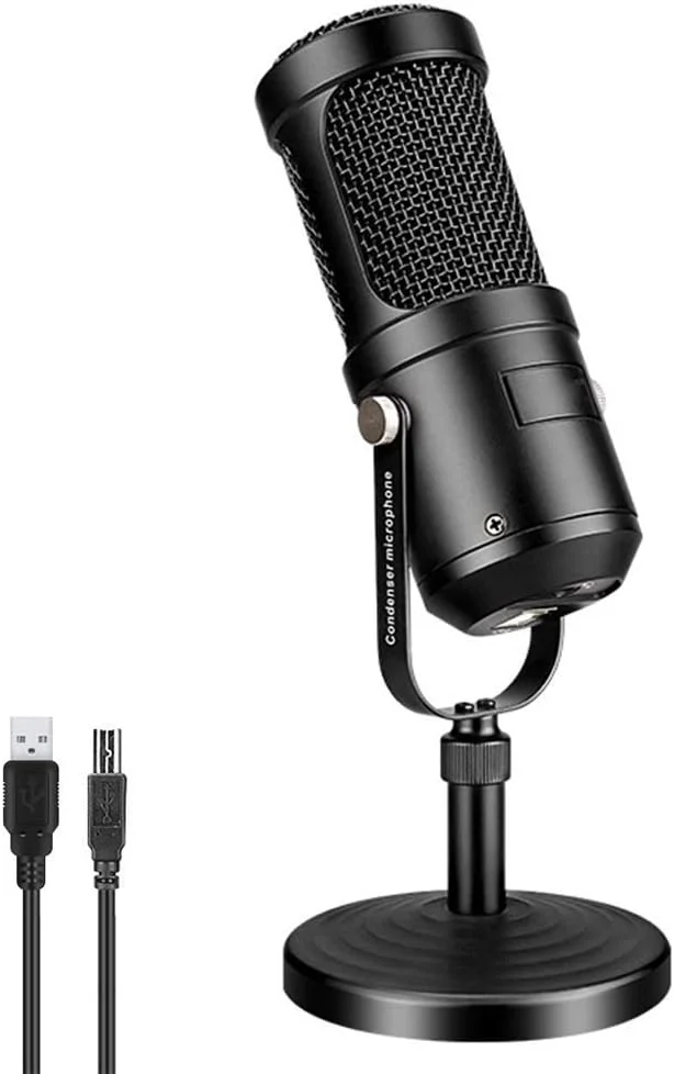 میکروفون استودیویی ضبط صدا برای کامپیوتر، میکروفون کاندنسر USB با پایه قابل تنظیم برای پخش، صداگذاری یوتیوب و دستگاه استریم
