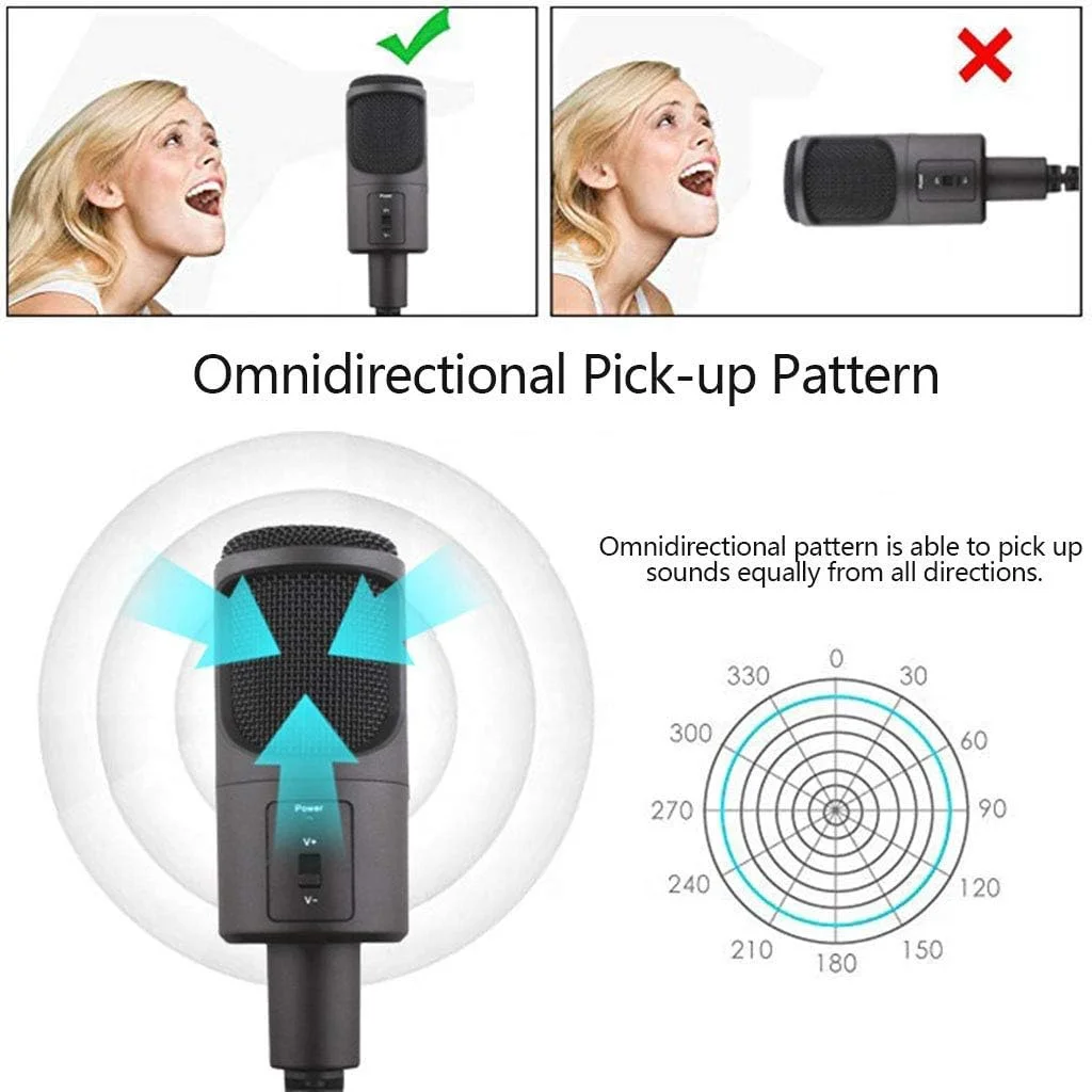 میکروفون استودیویی ضبط صدا، میکروفون کندانسور پخش با پایه برای تماس کنفرانسی کامپیوتر، تلفن، پخش زنده، یوتیوب، پادکست، بازی، آواز کارائوکه