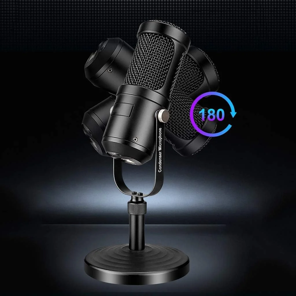 میکروفون استودیویی ضبط صدا برای کامپیوتر، میکروفون کاندنسر USB با پایه قابل تنظیم برای پخش، صداگذاری یوتیوب و دستگاه استریم