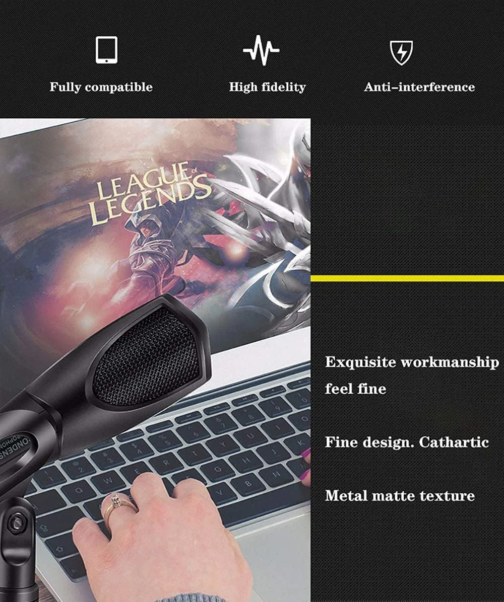 میکروفون USB استریمینگ پادکست PC، میکروفون حرفه ای کاندنسر کاردیوئید استودیویی کامپیوتر با کارت صدا، پایه رومیزی و لرزه گیر برای اسکایپ و یوتیوبر