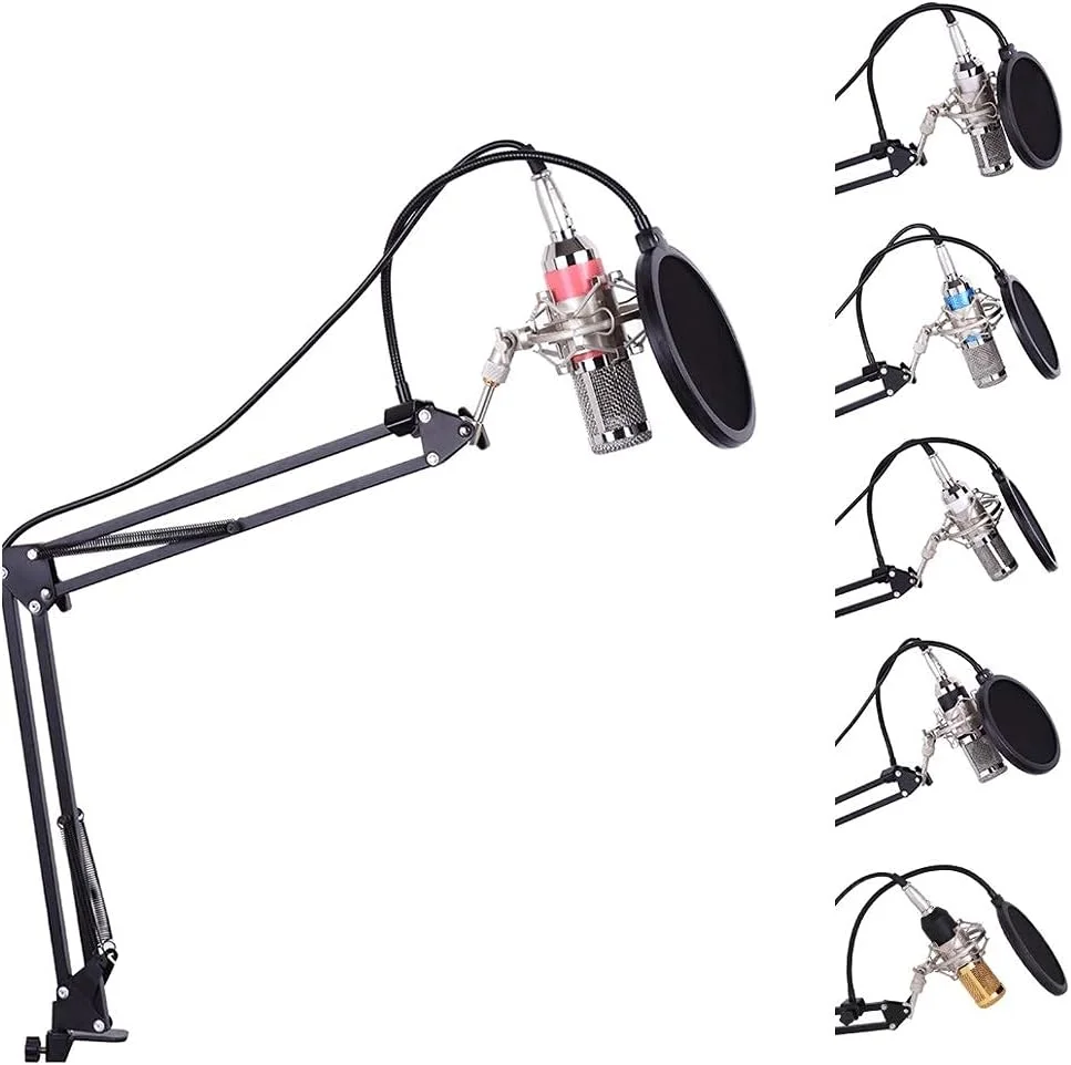 میکروفون کاندنسر استودیویی حرفه ای برای ضبط صدا 3.5 میلی متری، با لرزه گیر، بازوی قیچی نگهدارنده