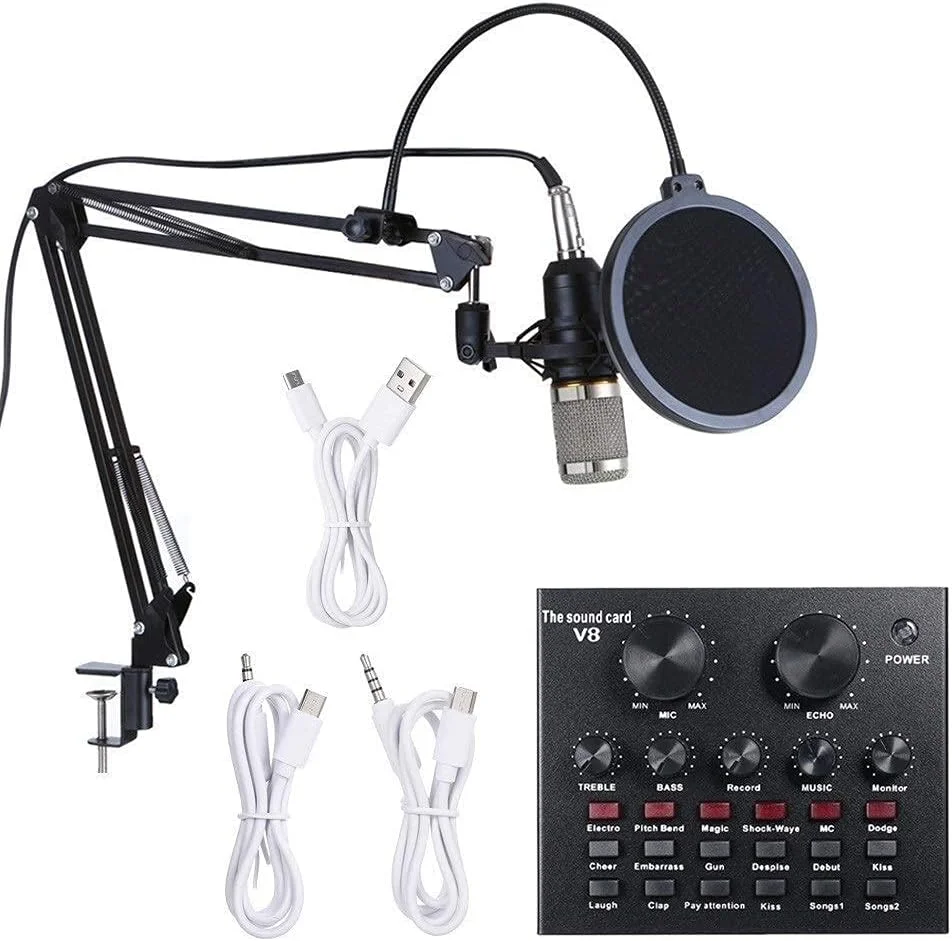 کارت صدای زنده چند منظوره و کیت میکروفون معلق BM800، مجموعه میکروفون کندانسور ضبط صدا، میکسر صوتی هوشمند با قابلیت تنظیم صدا