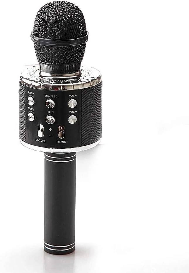 میکروفون کارائوکه بی سیم، میکروفون دندان آبی 4 در 1 برای کودکان با بلندگو چراغ های ال ای دی و عملکرد ضبط و ریمیکس